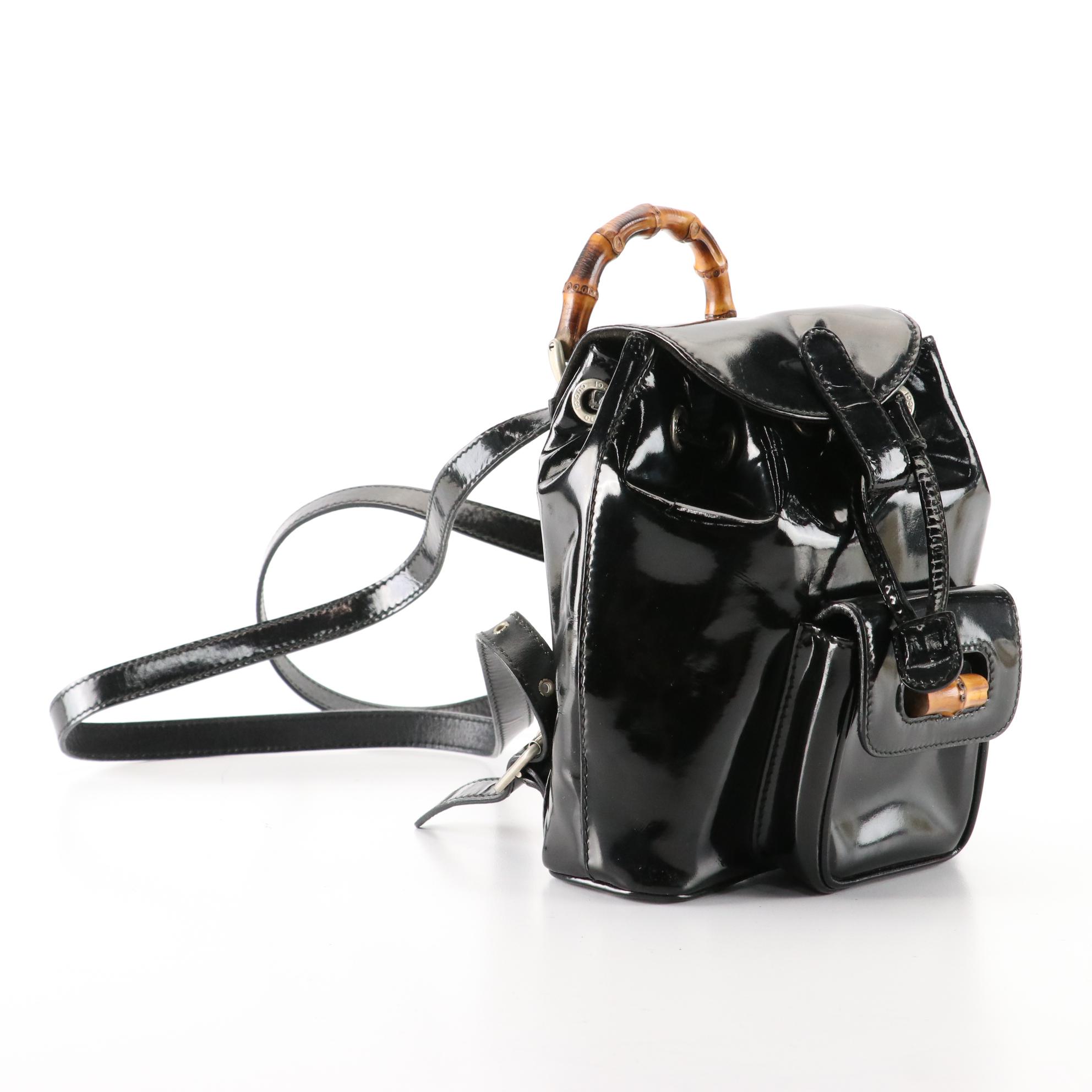 Gucci Small Bamboo Backpack in Black Patent Leather with Nylon Billfold Wallet