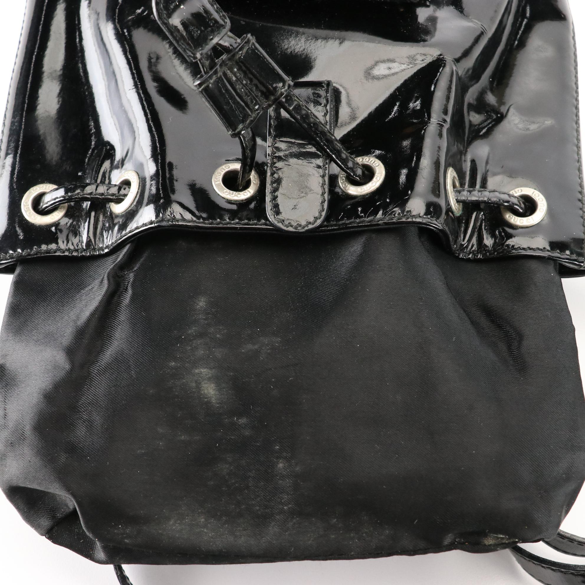 Gucci Small Bamboo Backpack in Black Patent Leather with Nylon Billfold Wallet