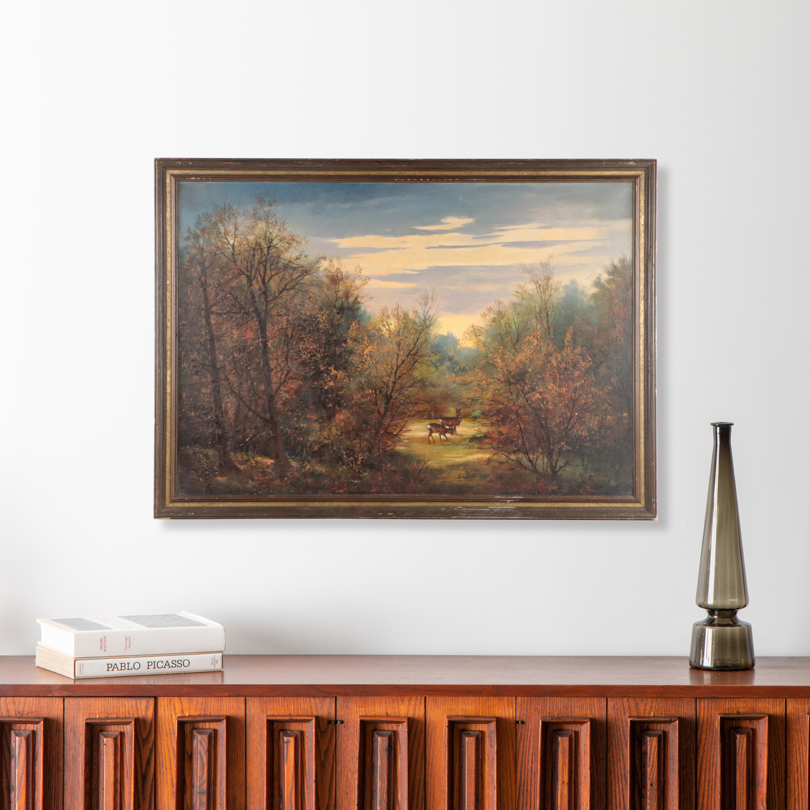 Oil Painting of Deer in Verdant Forest Landscape, 1969