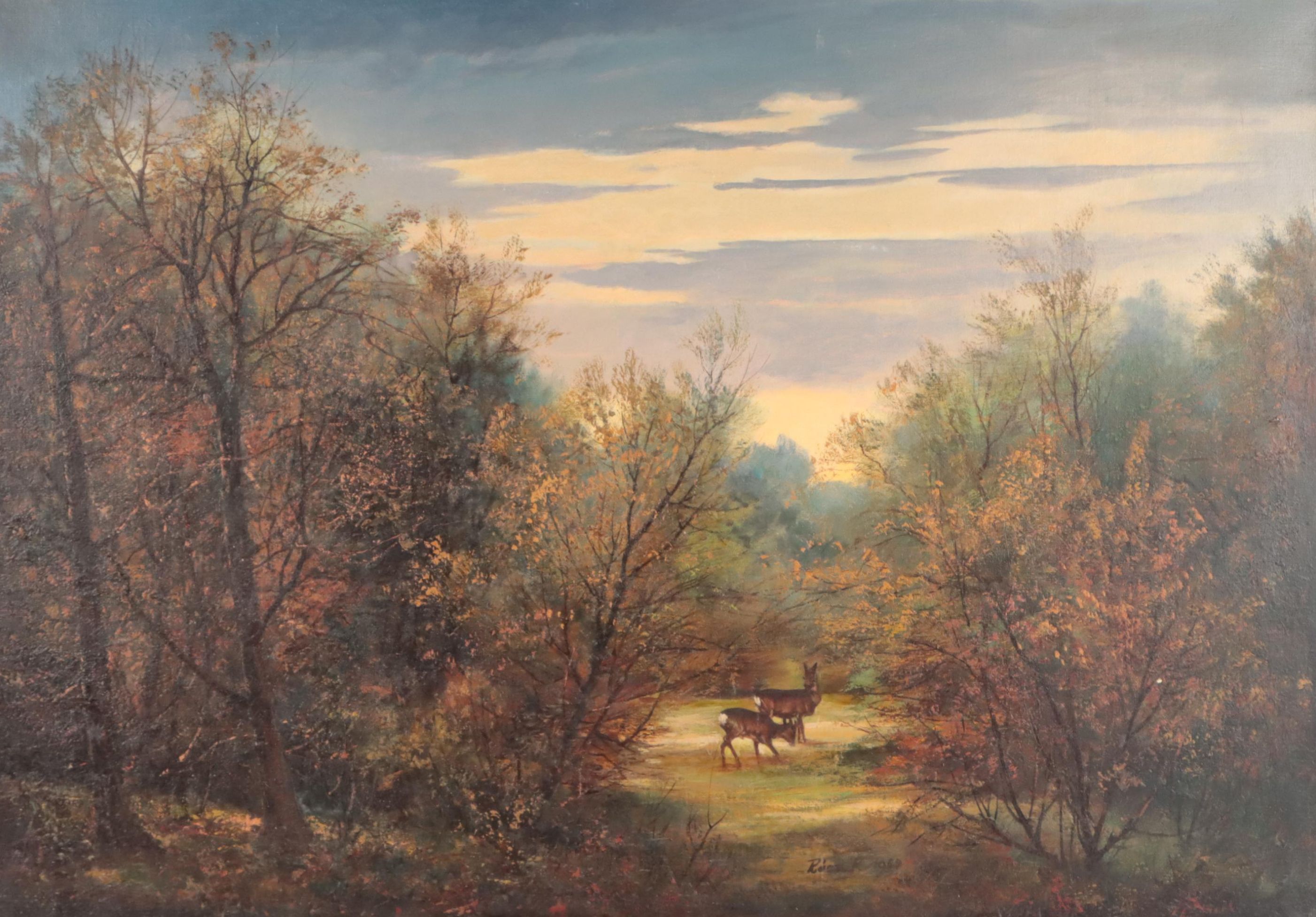 Oil Painting of Deer in Verdant Forest Landscape, 1969