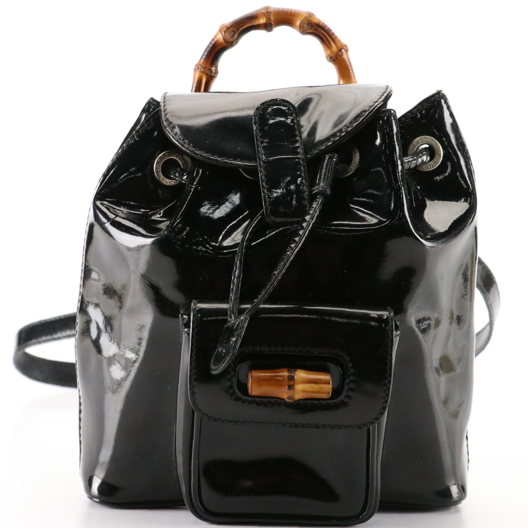 Gucci Small Bamboo Backpack in Black Patent Leather with Nylon Billfold Wallet