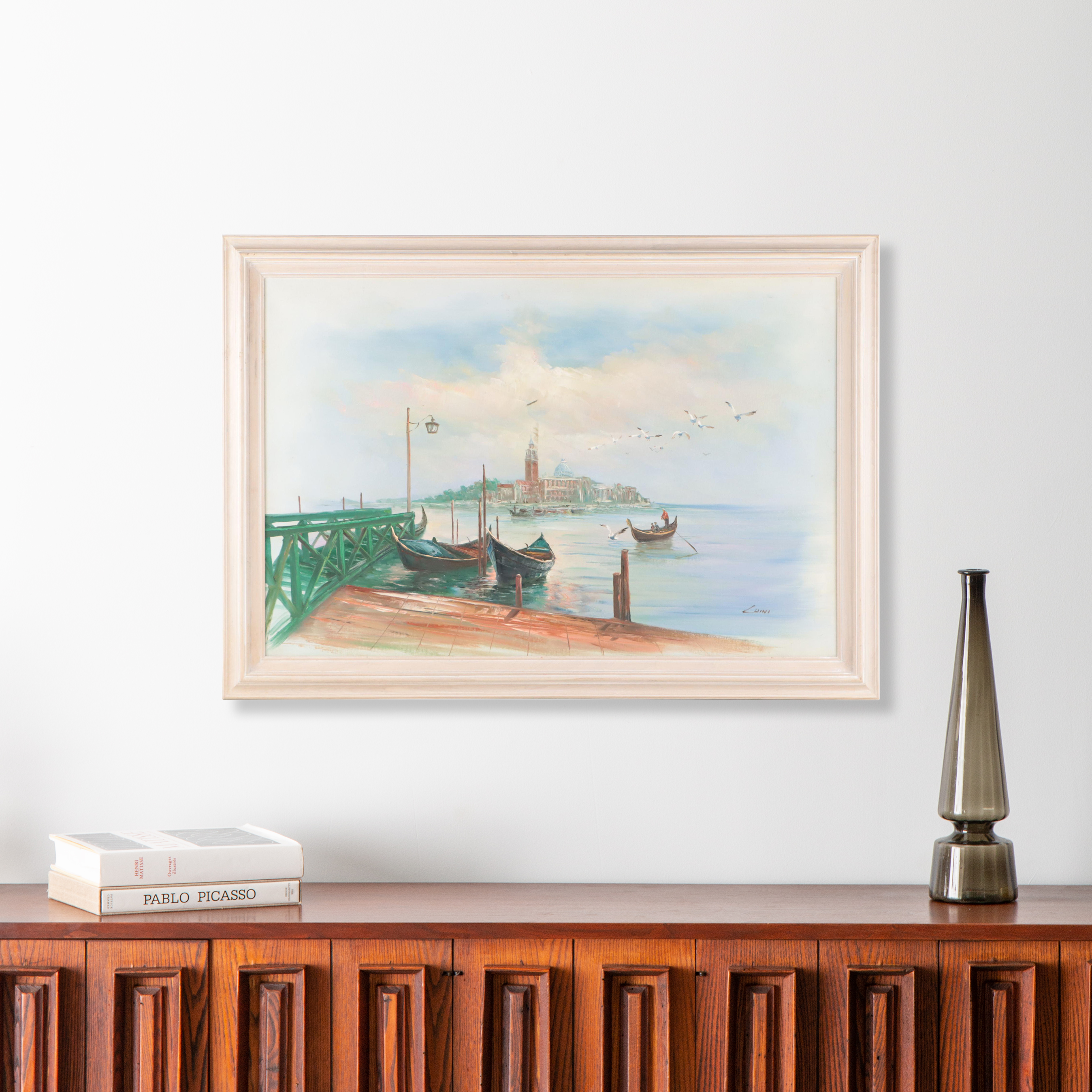 Oil Painting of Boats in Harbor Scene