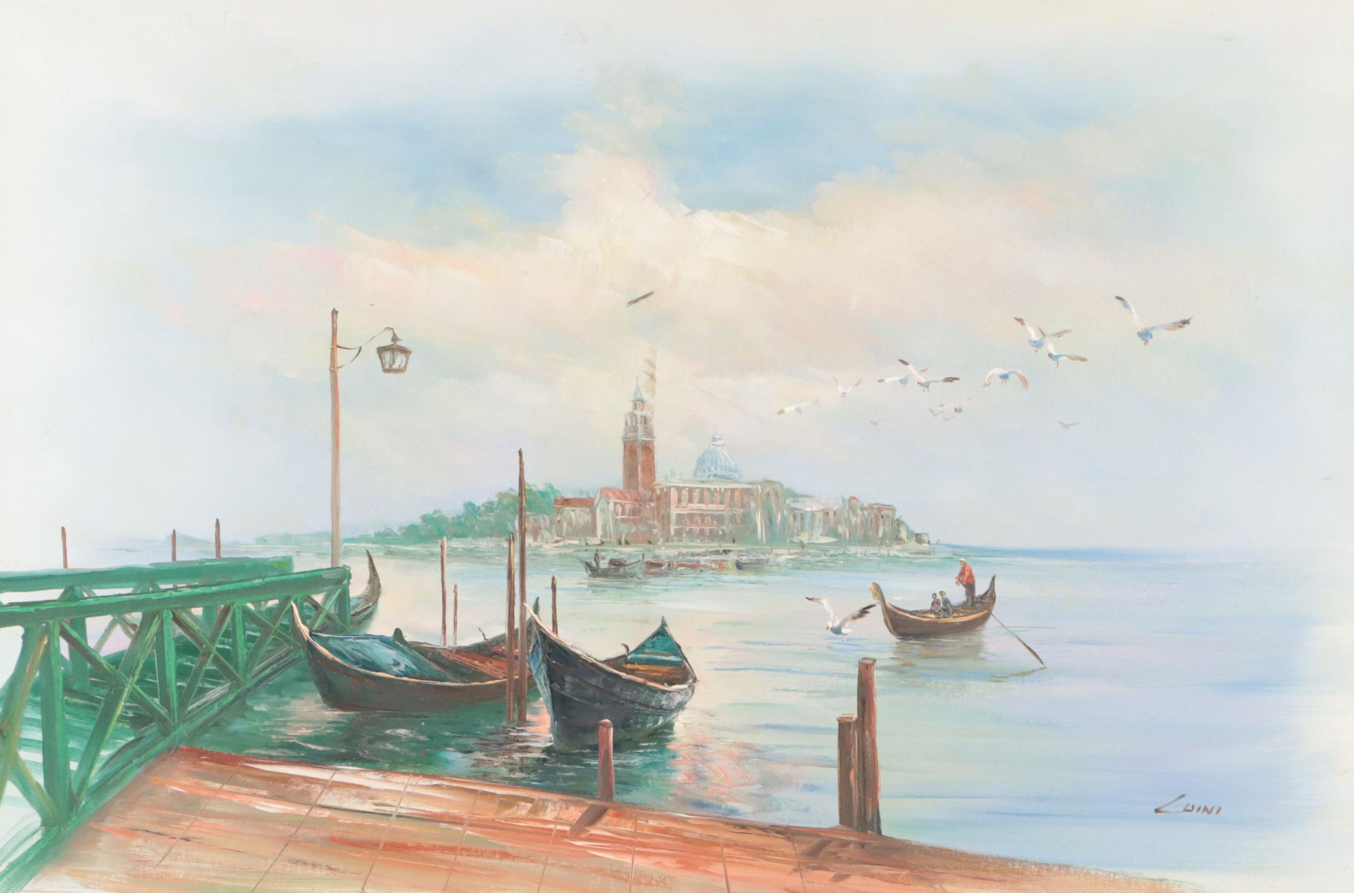 Oil Painting of Boats in Harbor Scene
