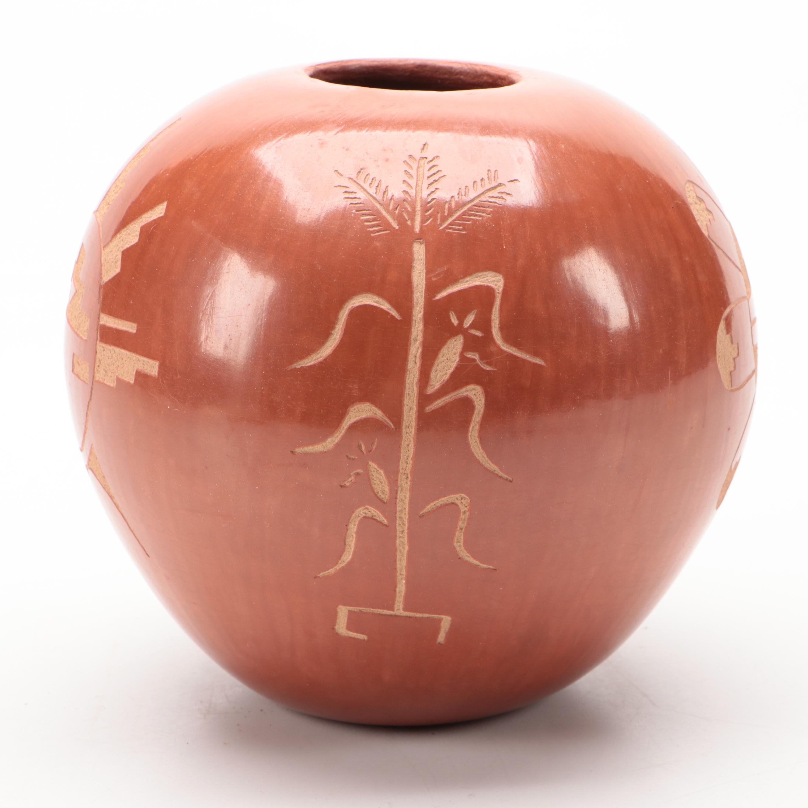 L. Yepa Signed Jemez Pueblo Sunface and Corn Sgraffito Pottery Seed Jar
