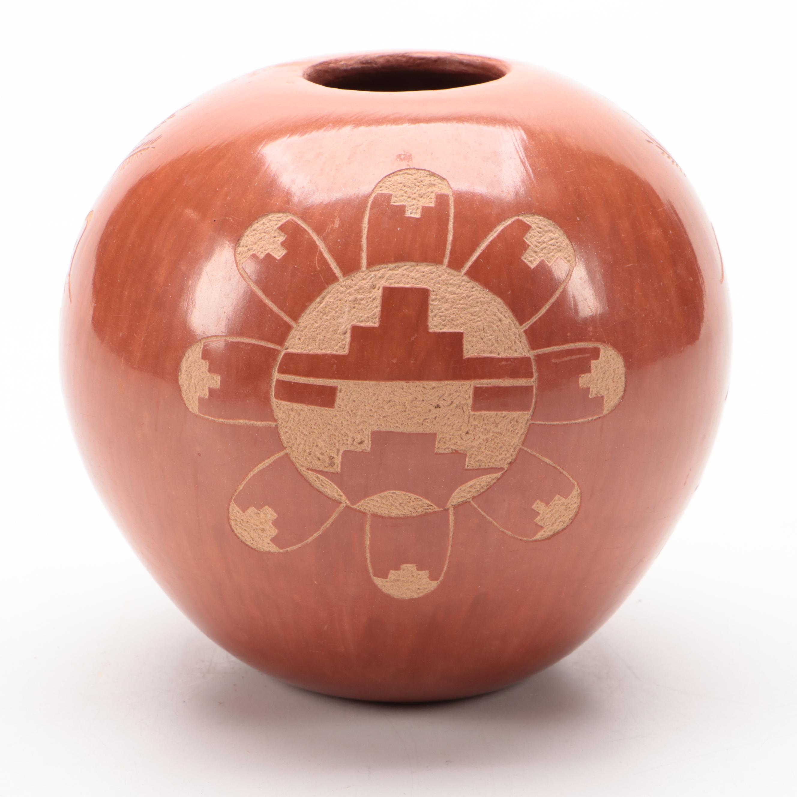 L. Yepa Signed Jemez Pueblo Sunface and Corn Sgraffito Pottery Seed Jar