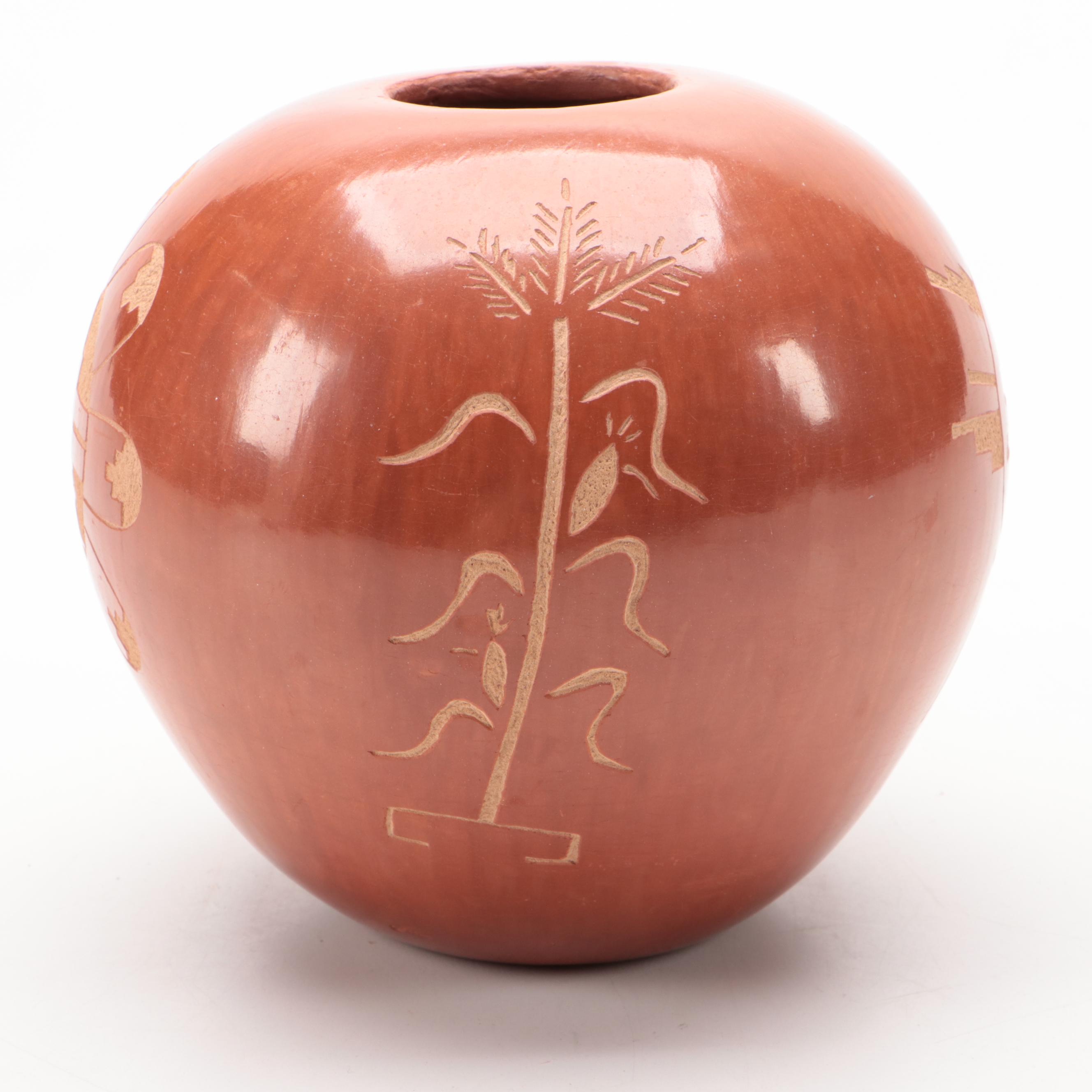 L. Yepa Signed Jemez Pueblo Sunface and Corn Sgraffito Pottery Seed Jar
