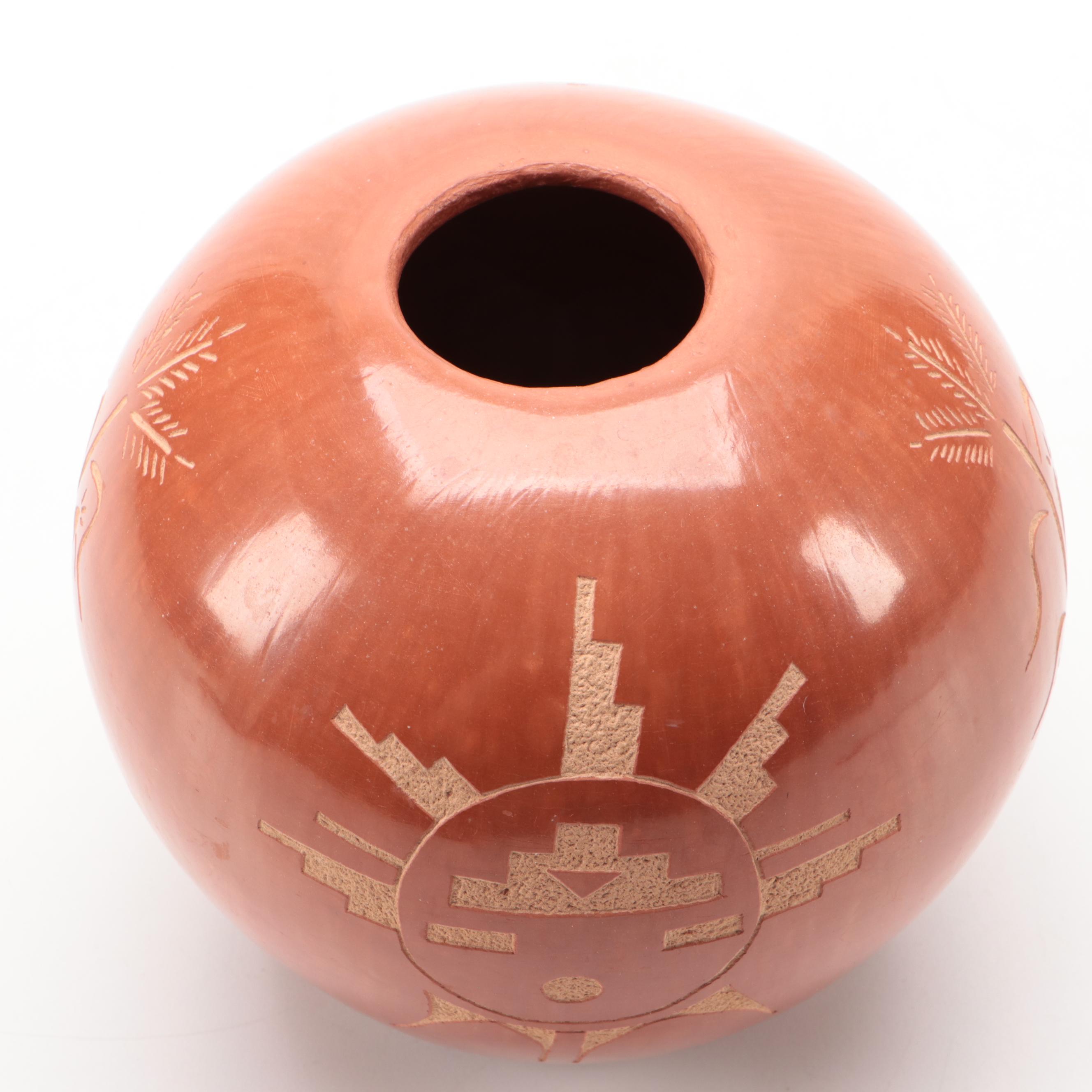 L. Yepa Signed Jemez Pueblo Sunface and Corn Sgraffito Pottery Seed Jar