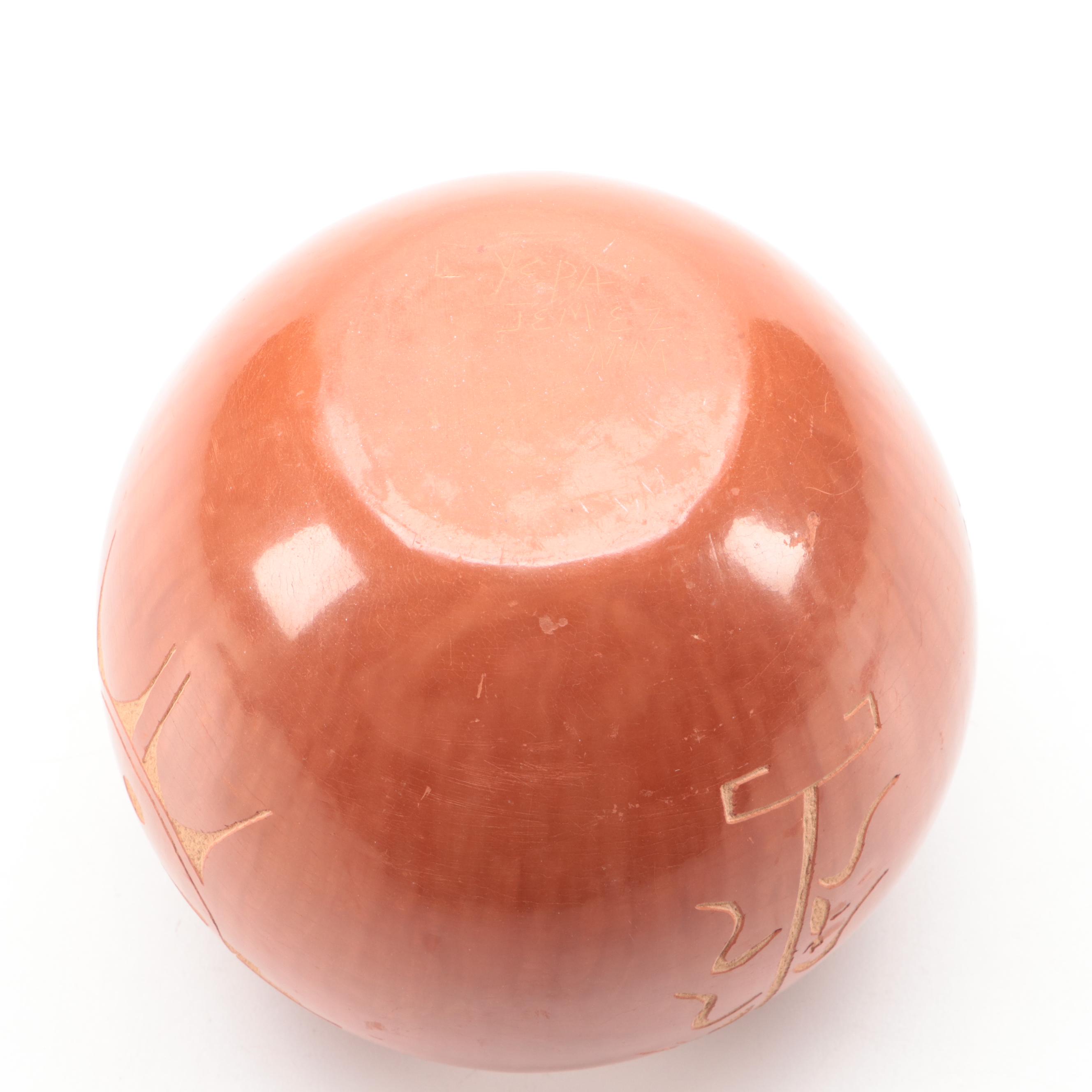 L. Yepa Signed Jemez Pueblo Sunface and Corn Sgraffito Pottery Seed Jar