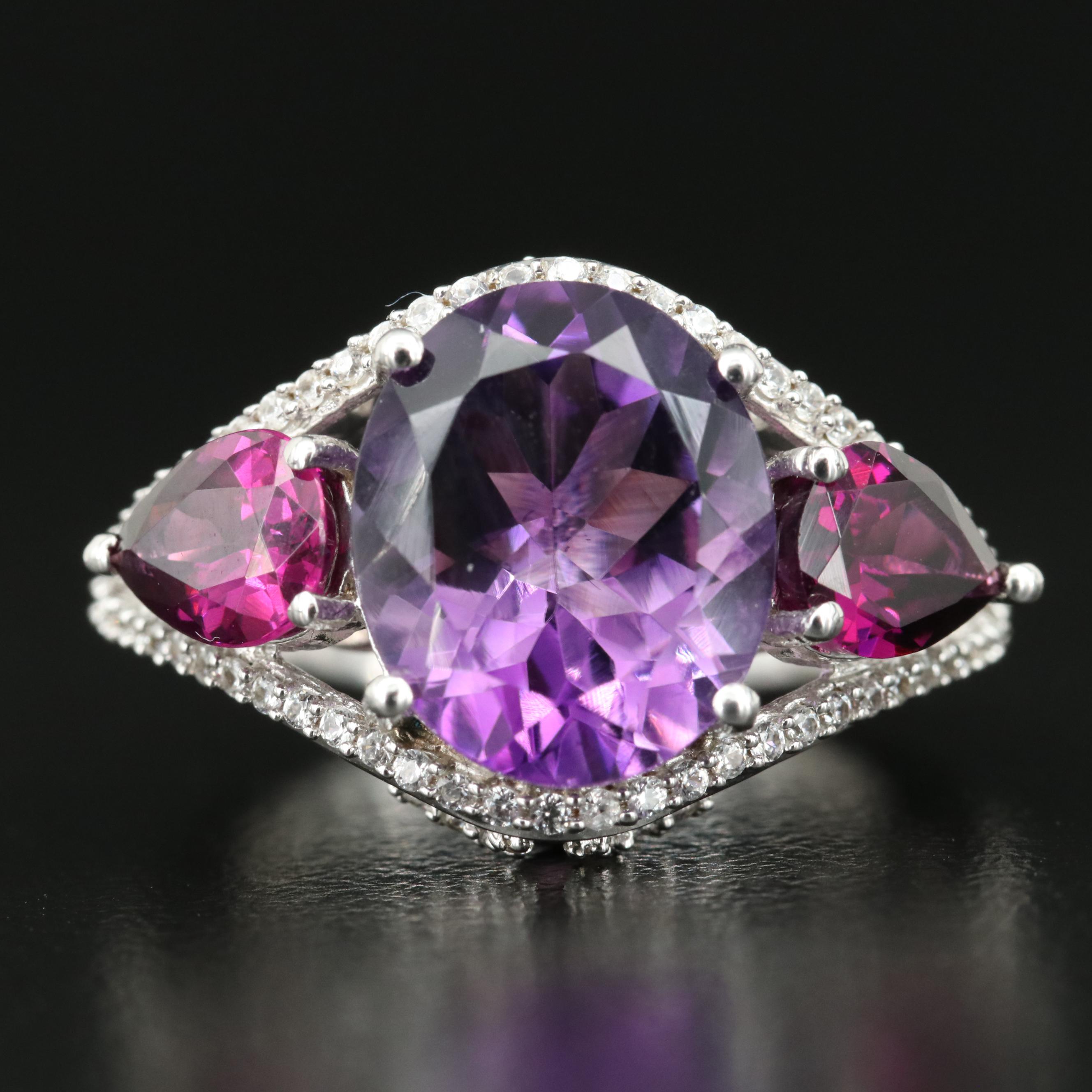 Sterling Amethyst, Garnet and Topaz Ring