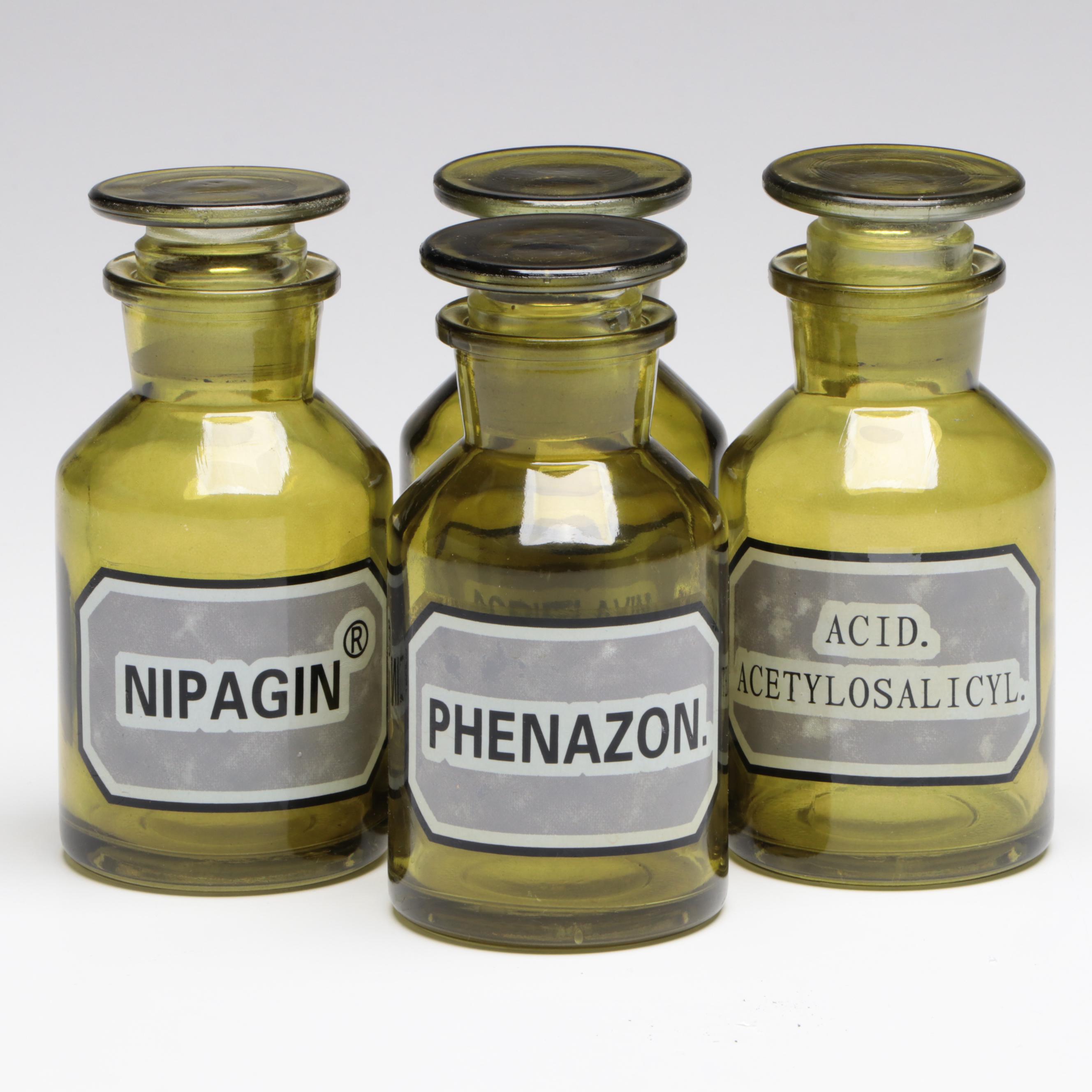 Green Glass Apothecary Bottles with Pharmaceutical Labels