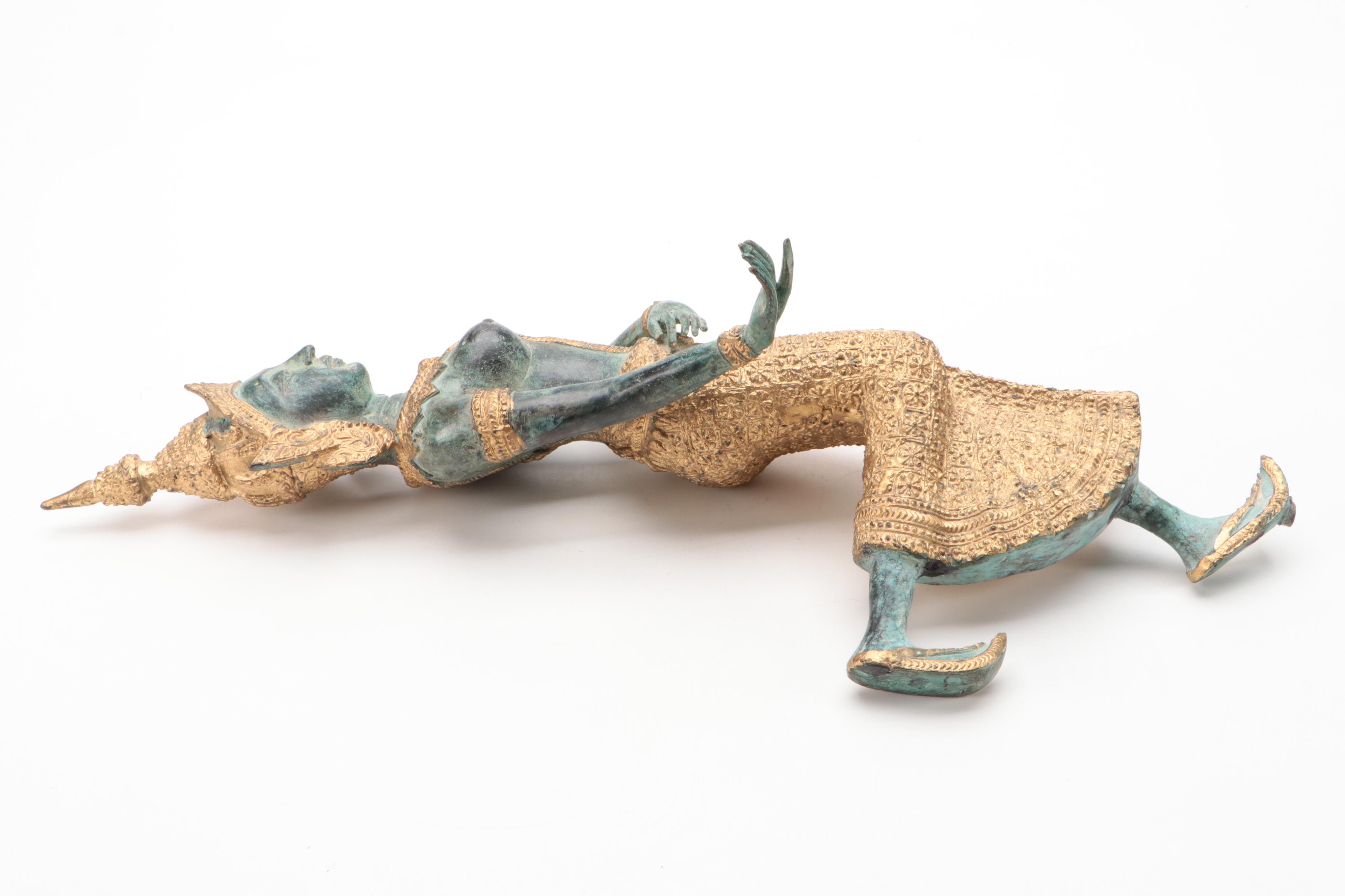 Thai Apsara Dancer Gilt and Patinated Bronze Figurine