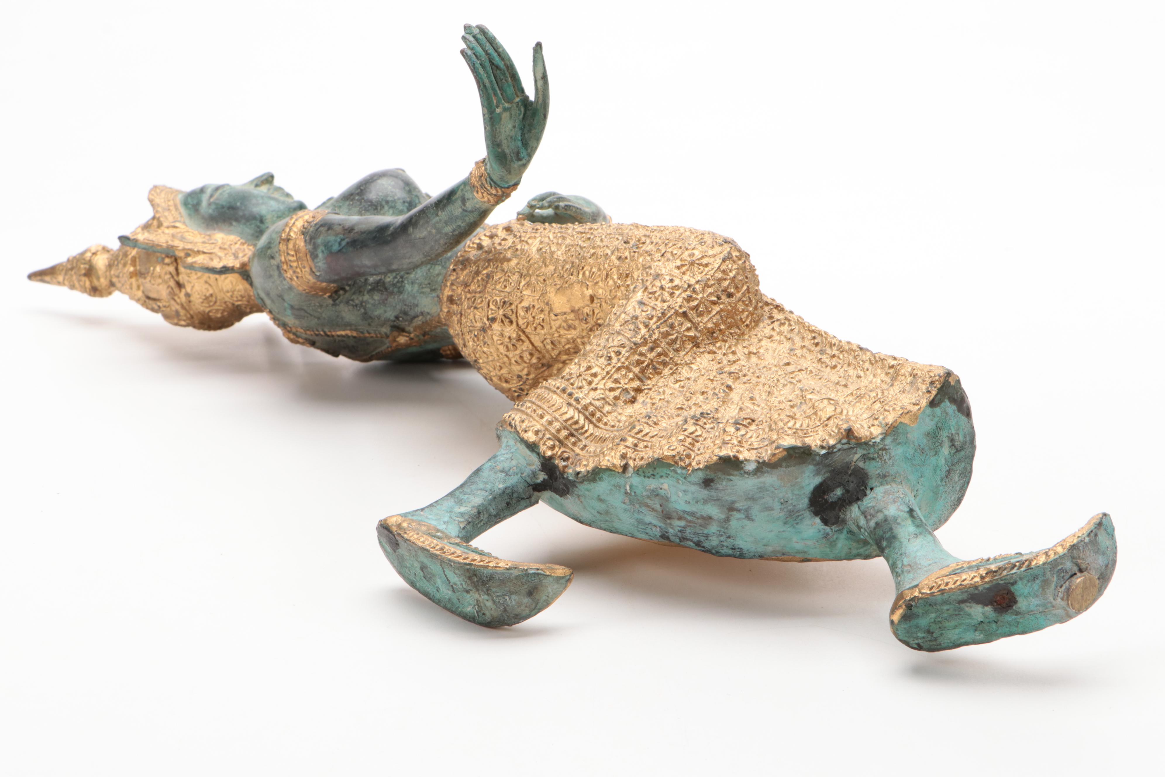 Thai Apsara Dancer Gilt and Patinated Bronze Figurine