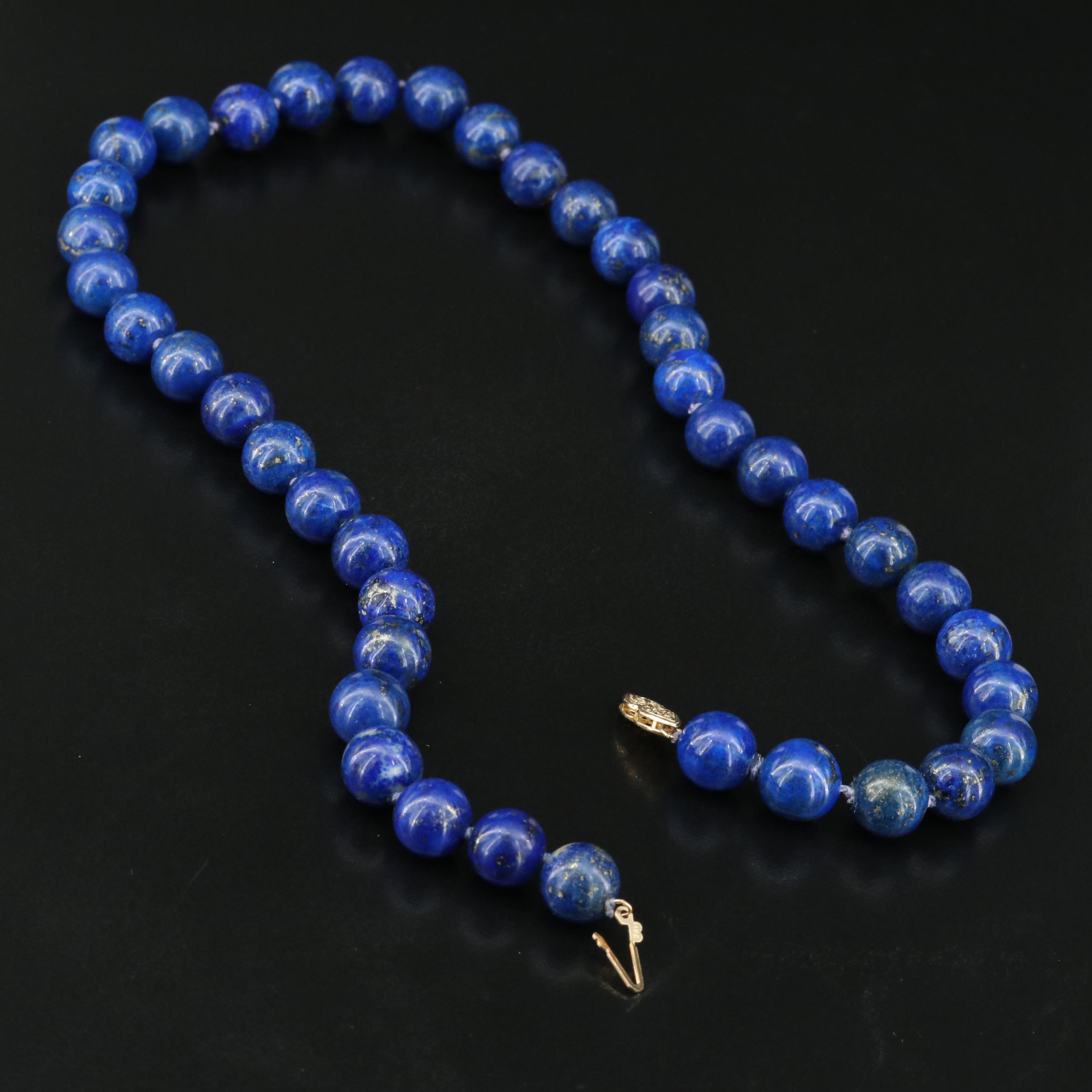 Lapis Lazuli Bead Necklace with 14K Clasp
