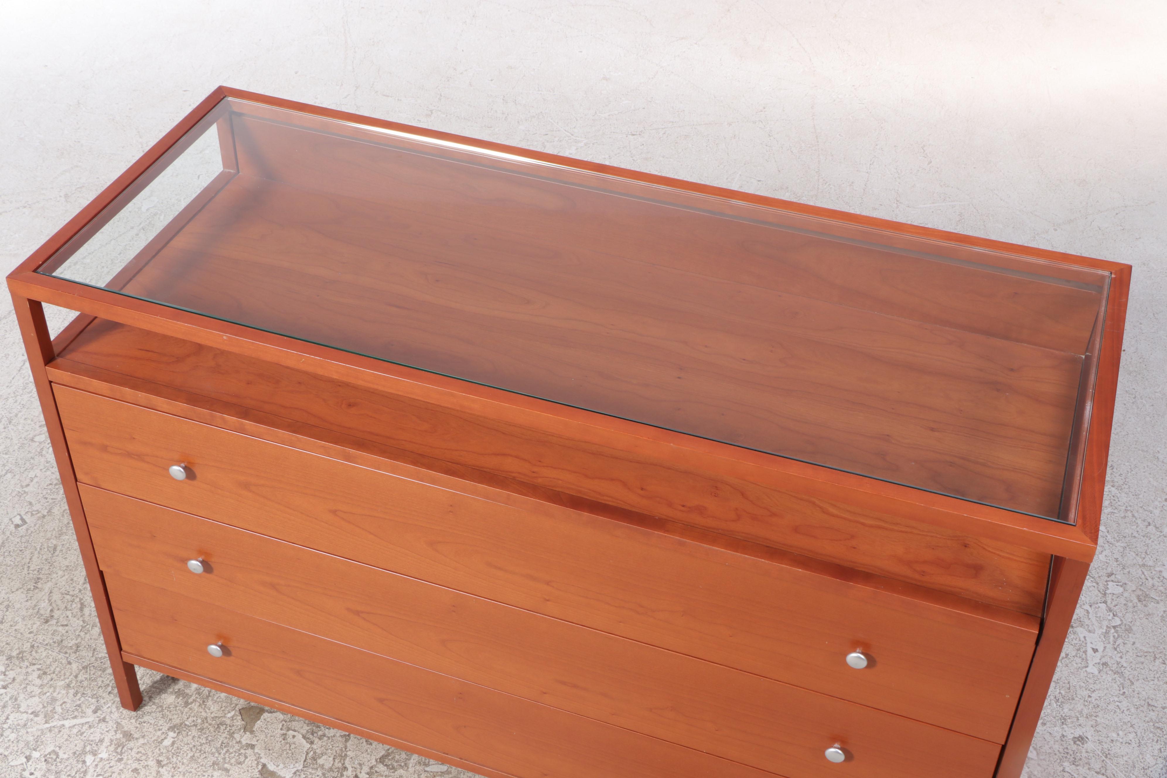 Contemporary Cherrywood Chest of Drawers with Glass and Pull-Out Display Top