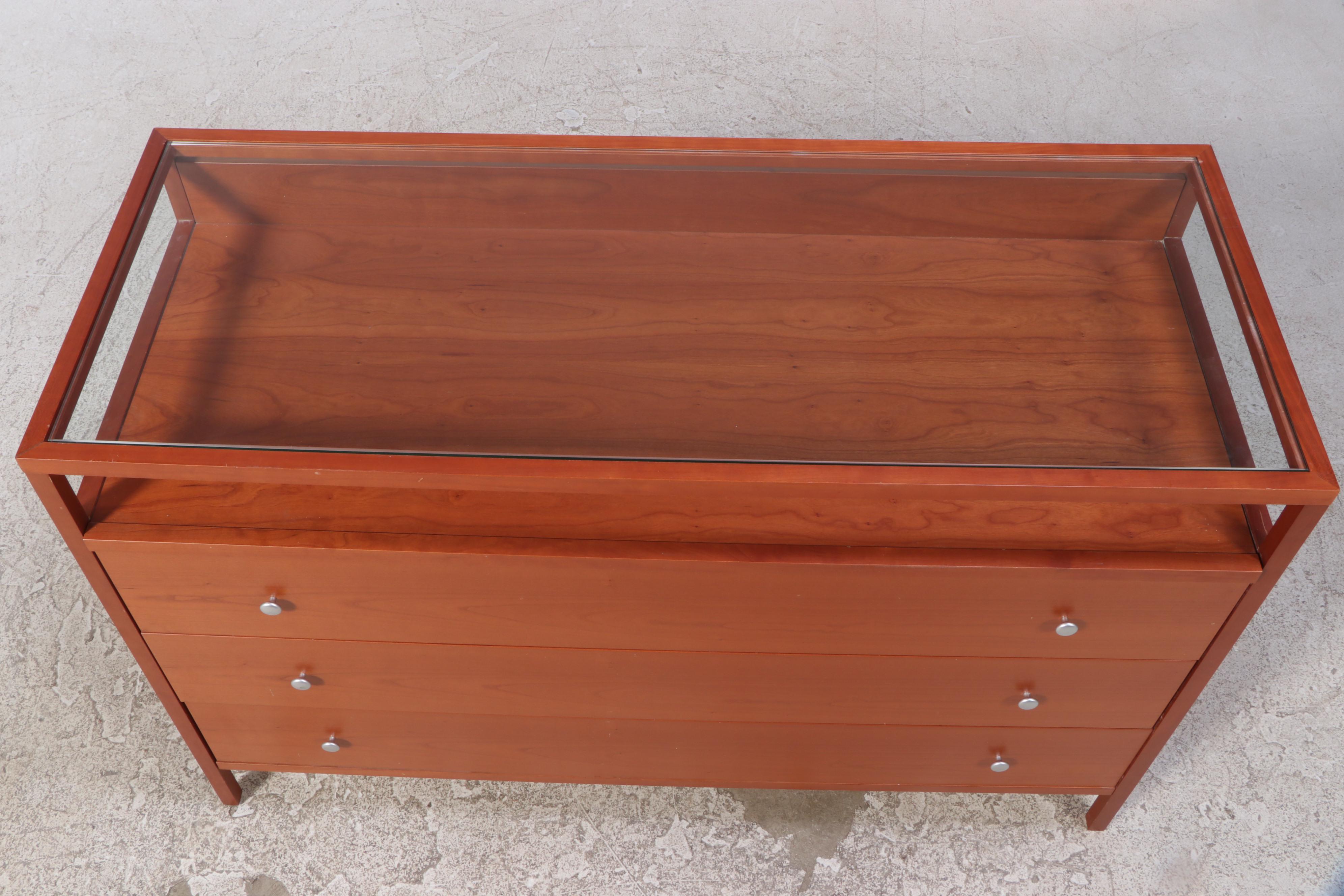 Contemporary Cherrywood Chest of Drawers with Glass and Pull-Out Display Top