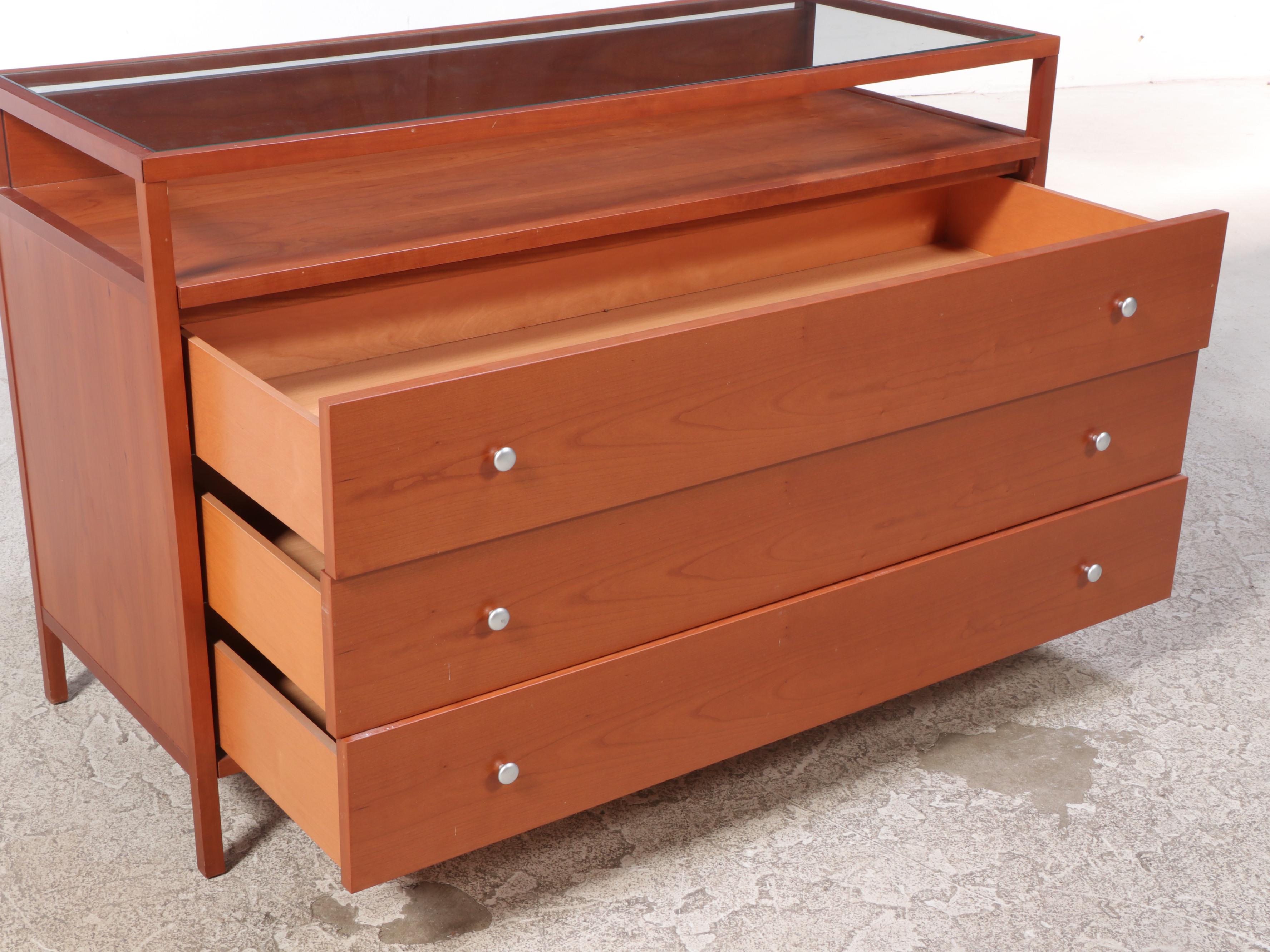 Contemporary Cherrywood Chest of Drawers with Glass and Pull-Out Display Top