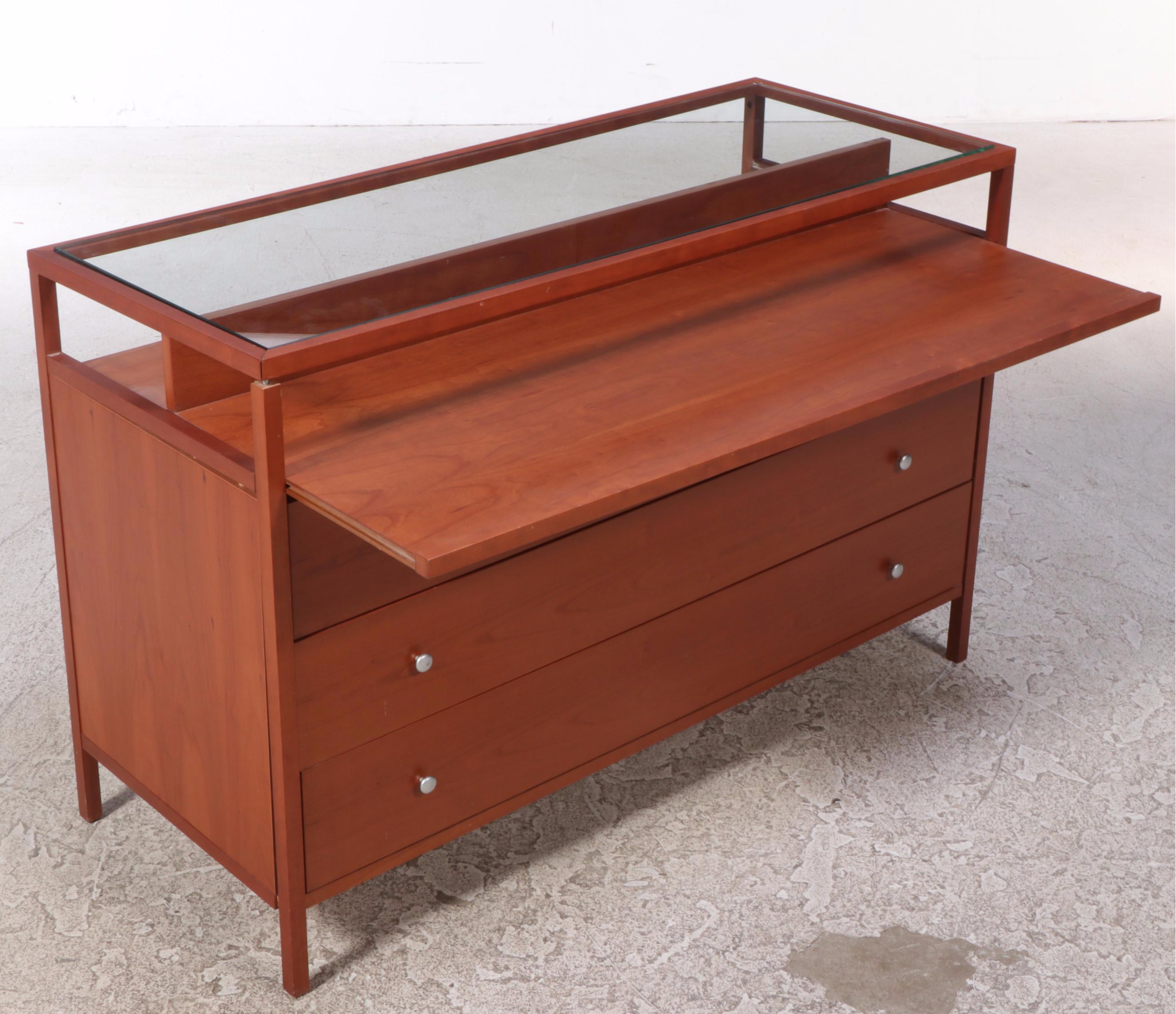 Contemporary Cherrywood Chest of Drawers with Glass and Pull-Out Display Top