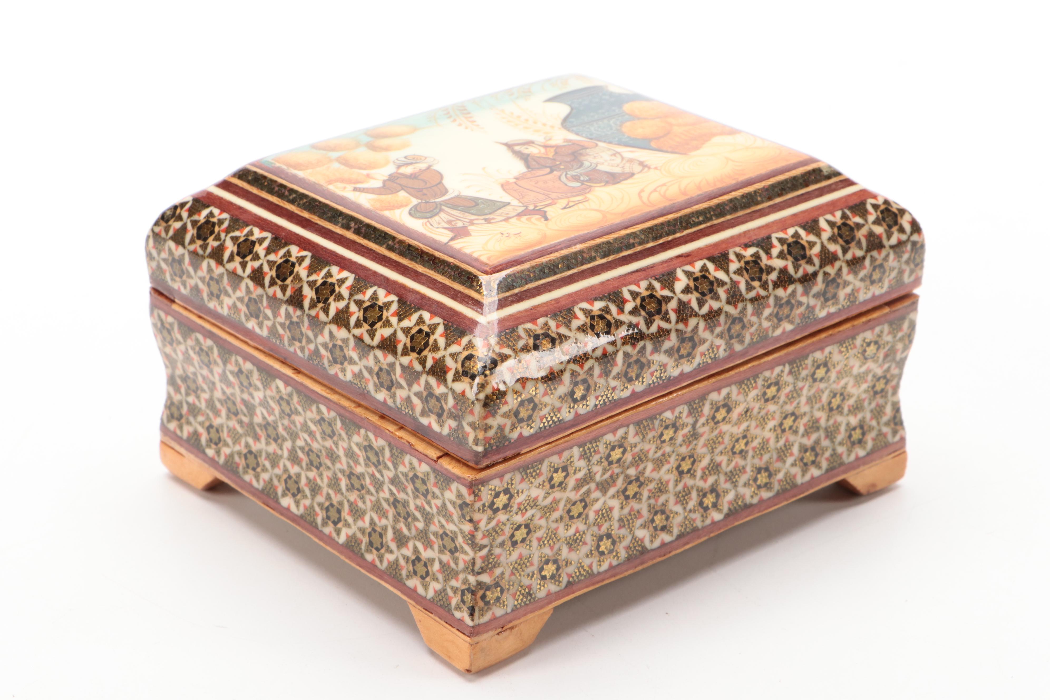 Persian Hand-Painted Khatam Marquetry Box and Other Trinket Boxes