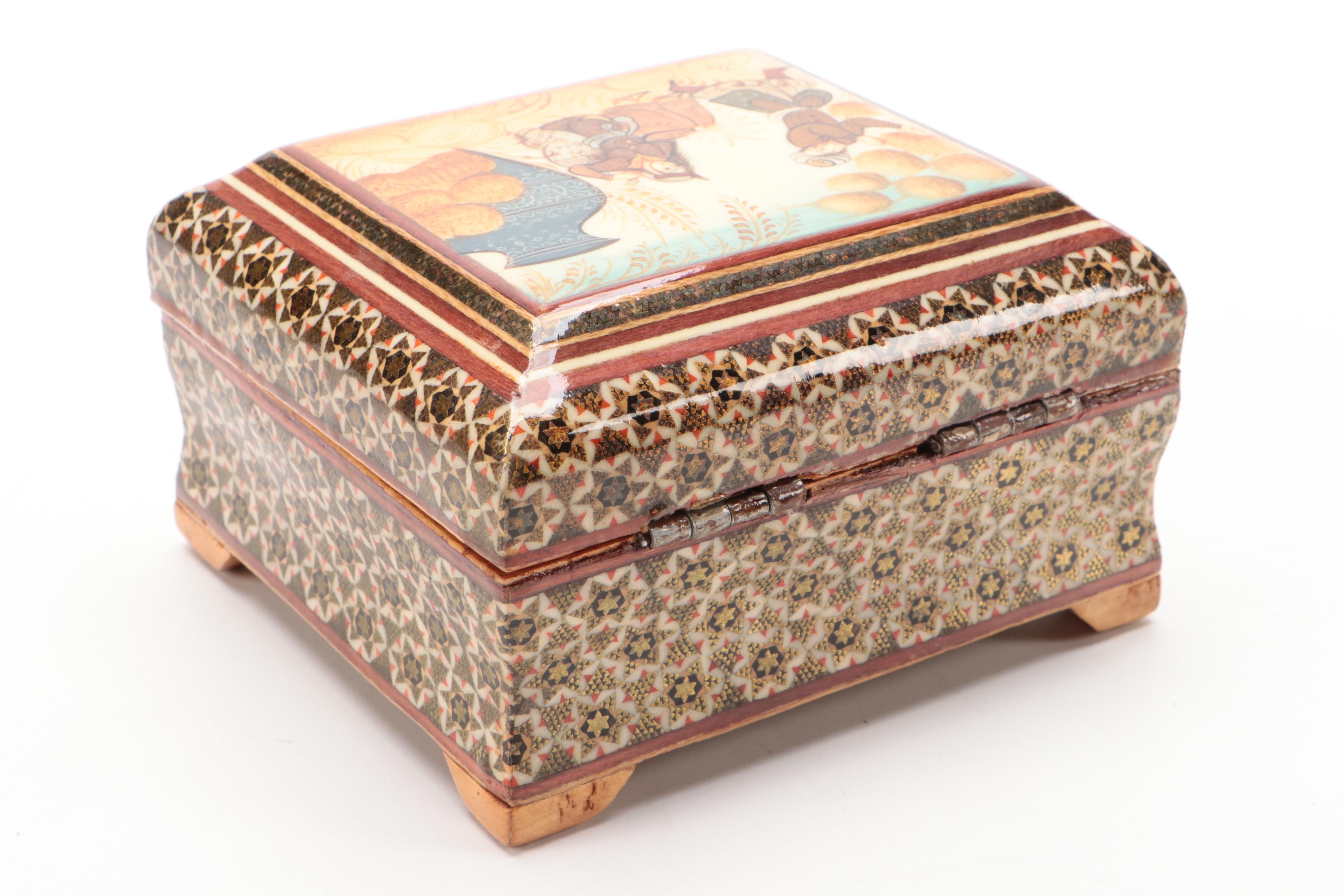 Persian Hand-Painted Khatam Marquetry Box and Other Trinket Boxes