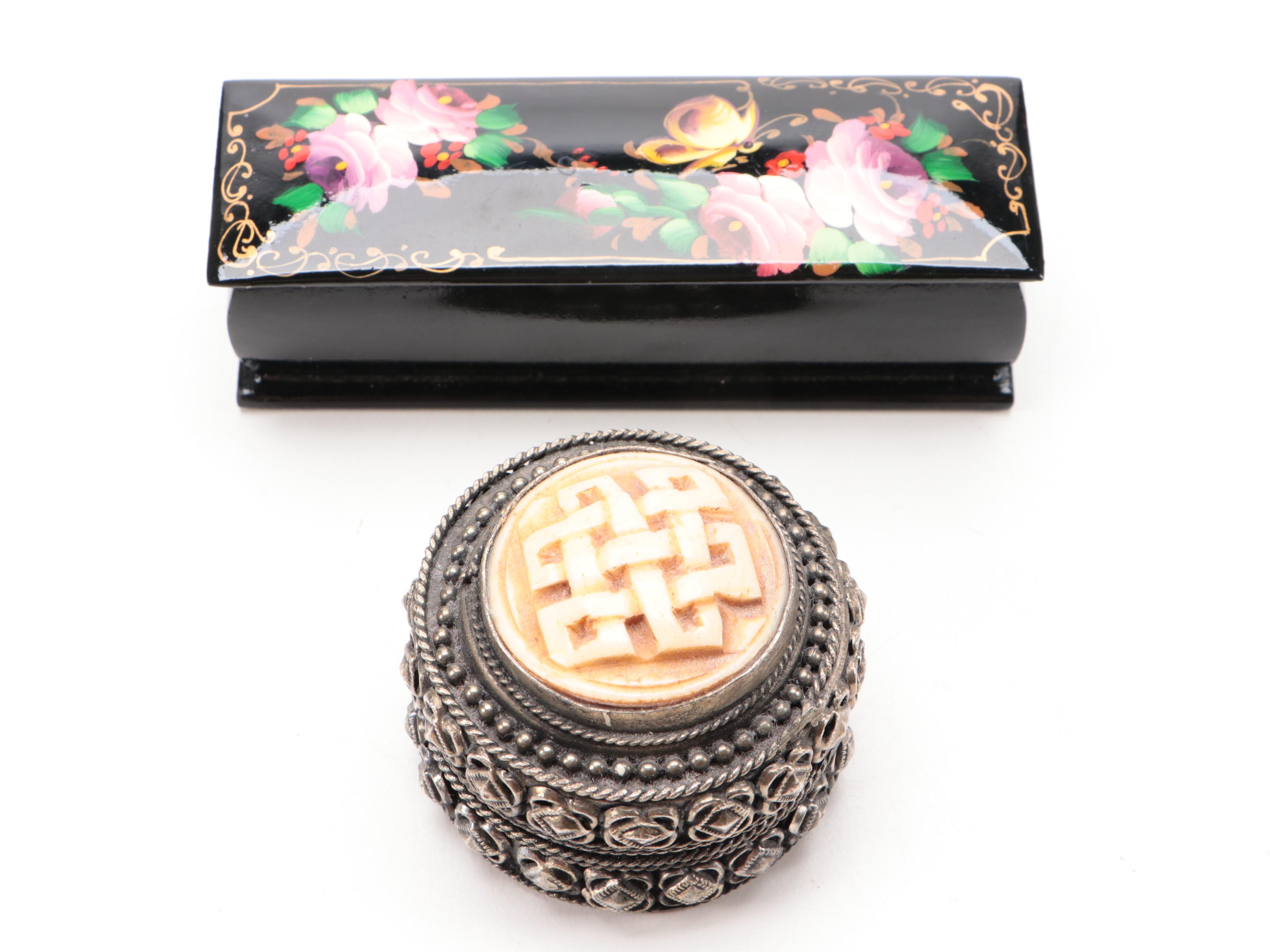 Persian Hand-Painted Khatam Marquetry Box and Other Trinket Boxes