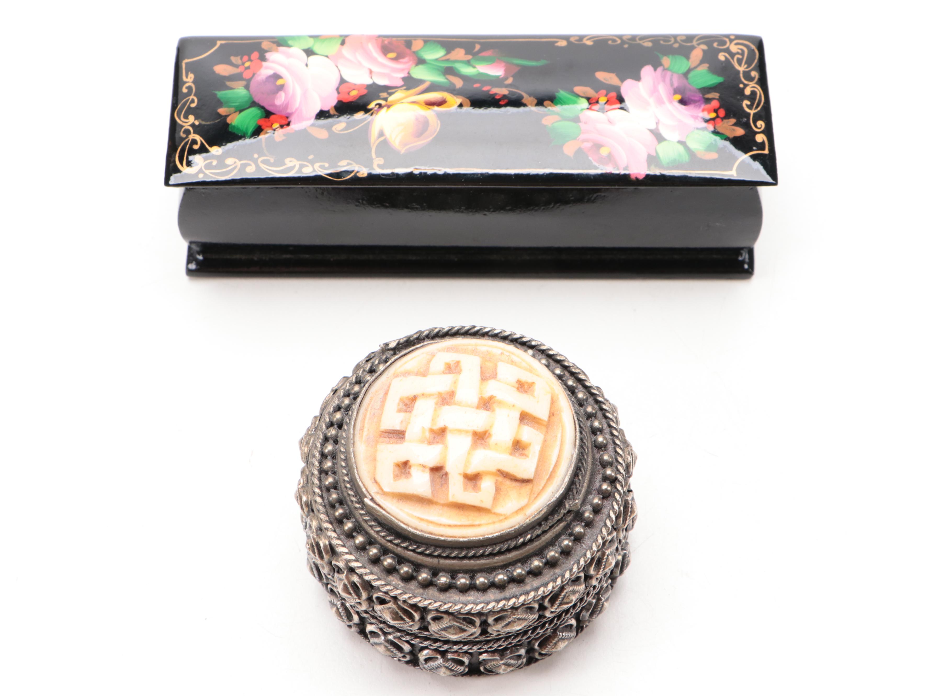 Persian Hand-Painted Khatam Marquetry Box and Other Trinket Boxes