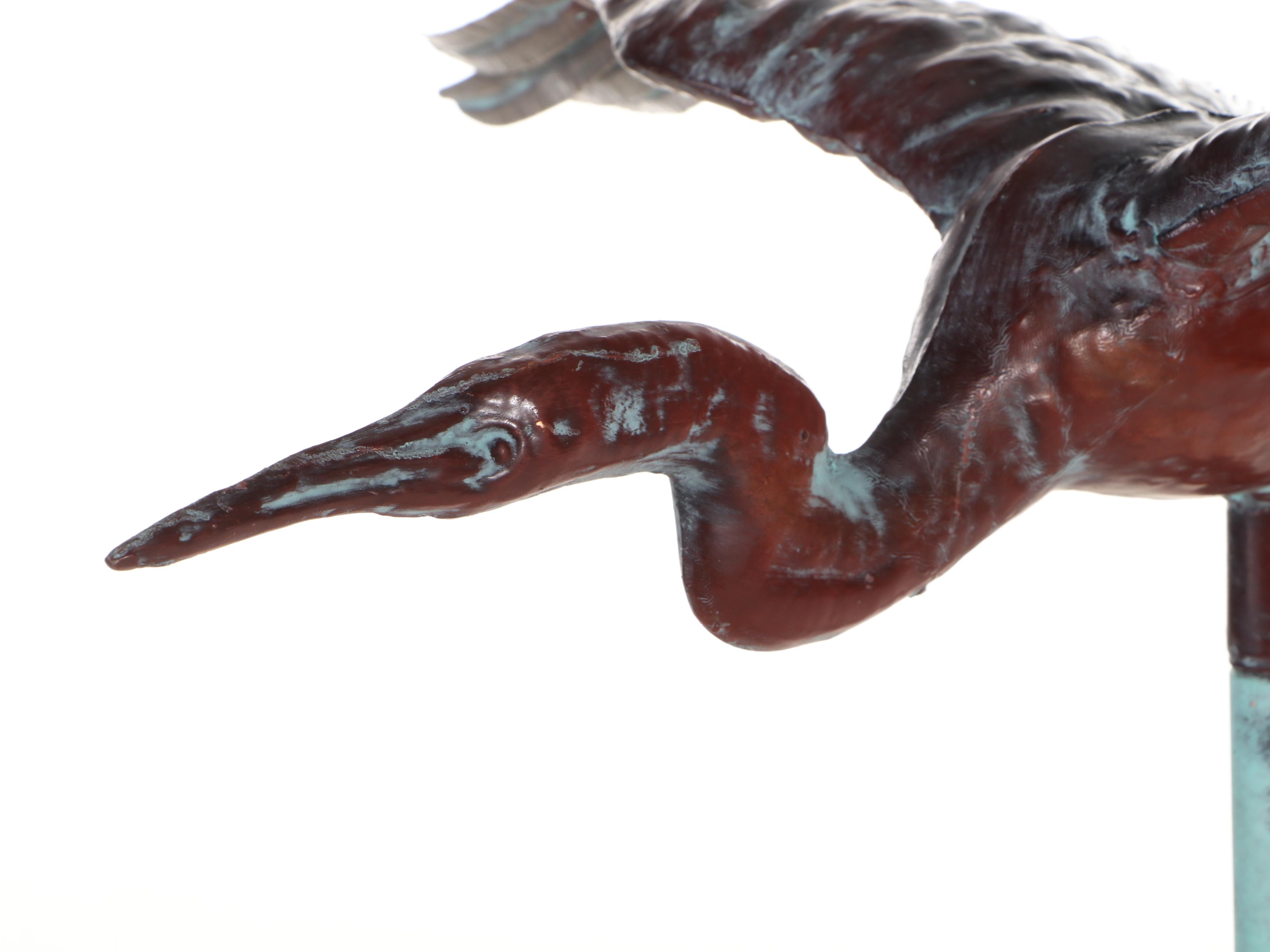 Patinated Copper Heron Rooftop Weathervane