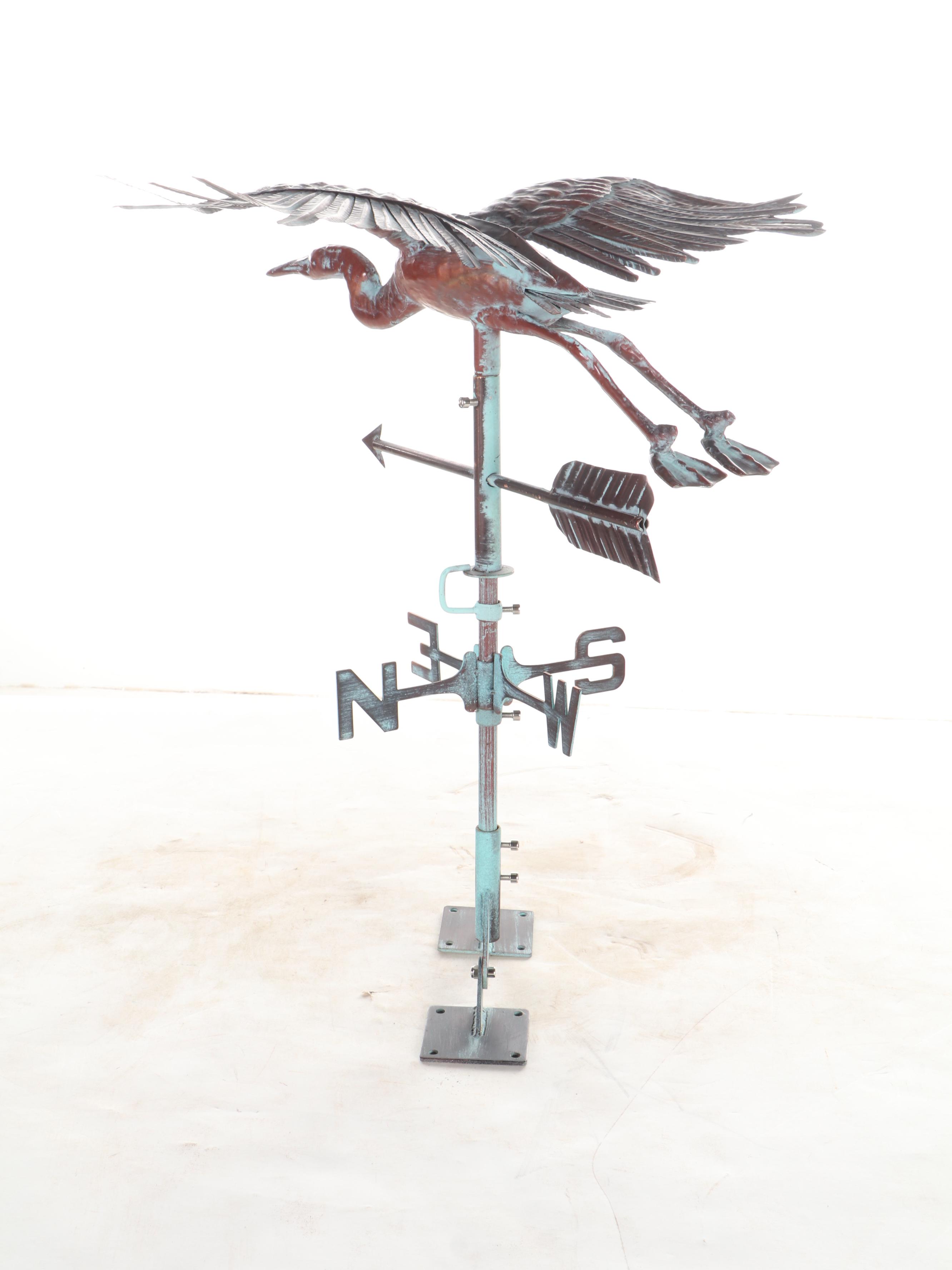 Patinated Copper Heron Rooftop Weathervane