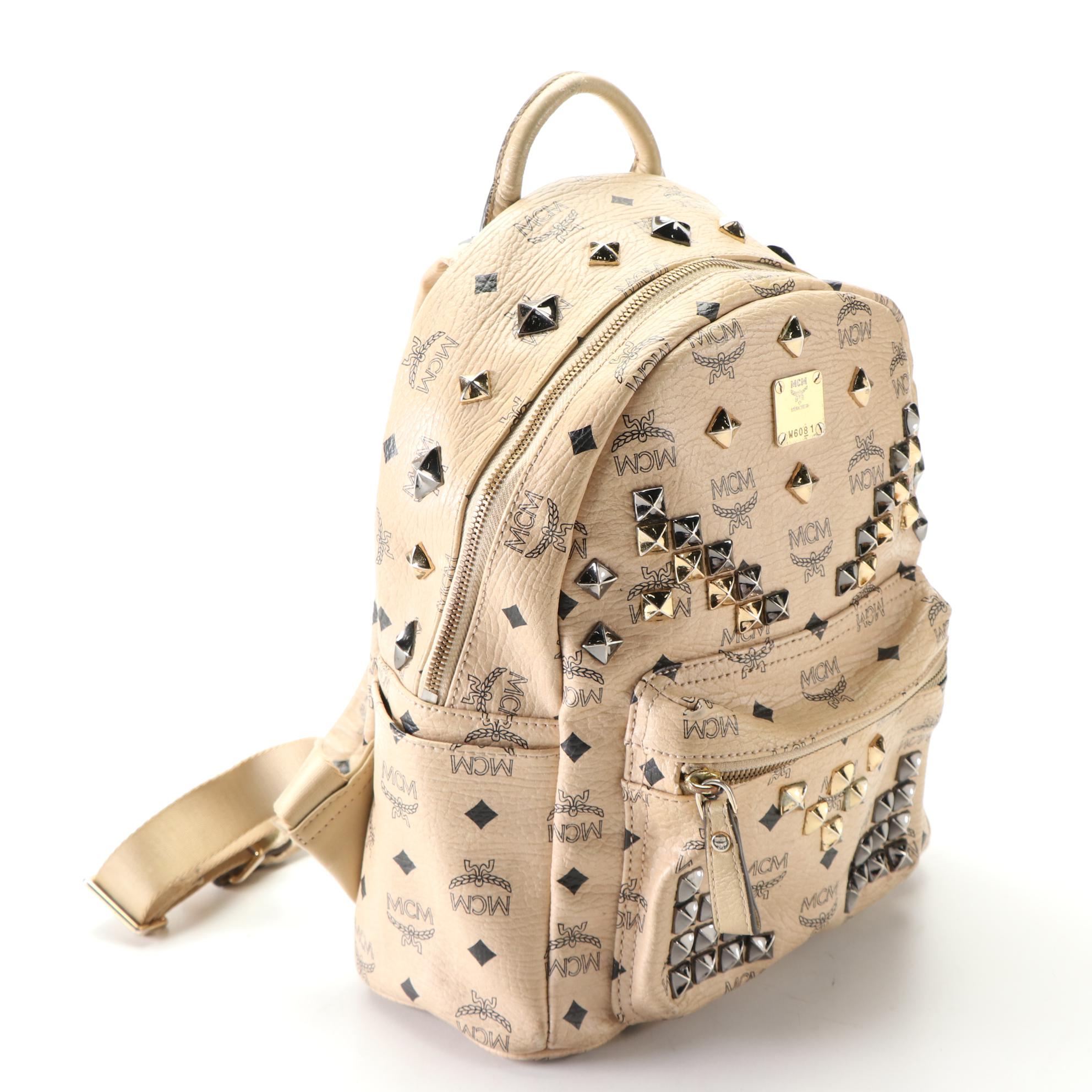 MCM Small Stark Backpack in Beige Studded Visetos