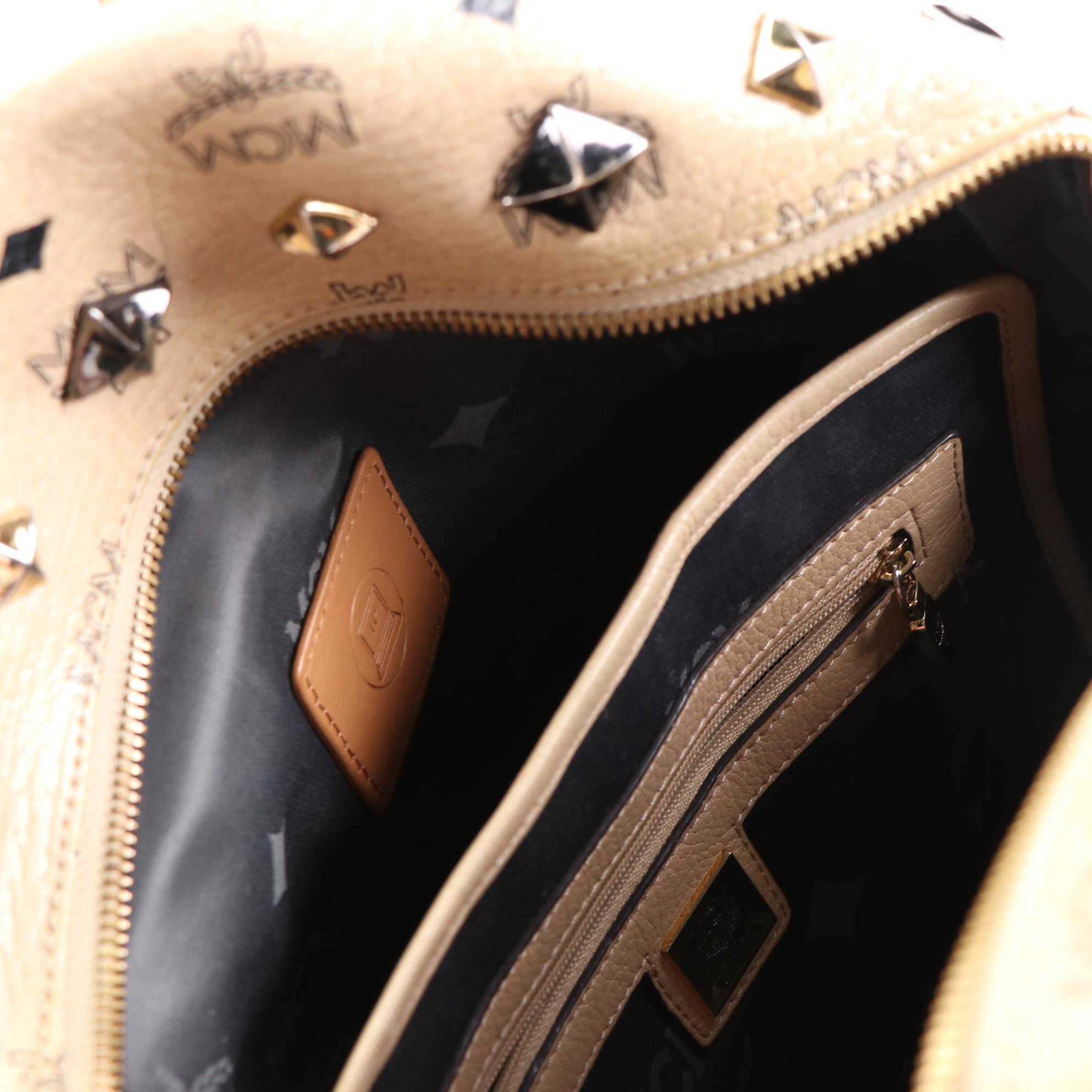 MCM Small Stark Backpack in Beige Studded Visetos