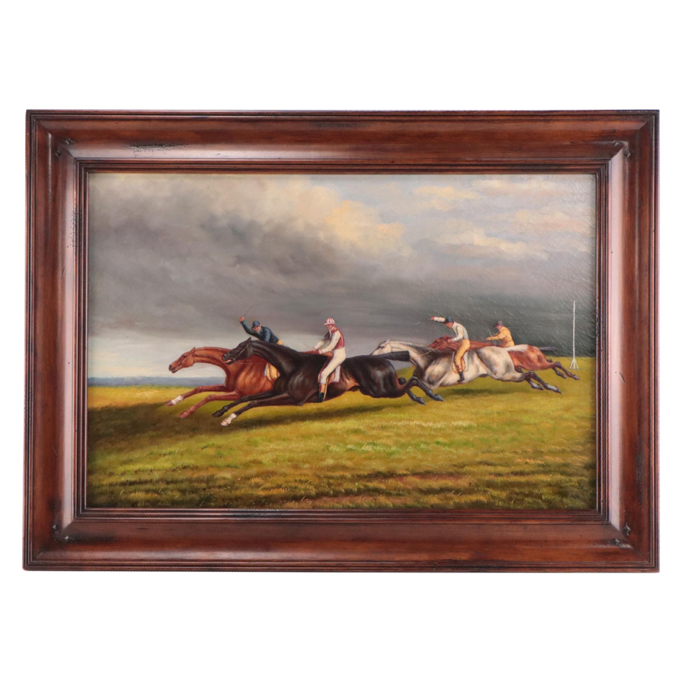 Oil Painting of Jockeys and Horses Running