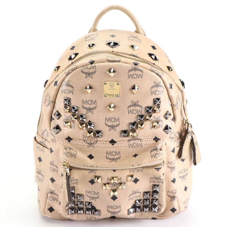 MCM Small Stark Backpack in Beige Studded Visetos