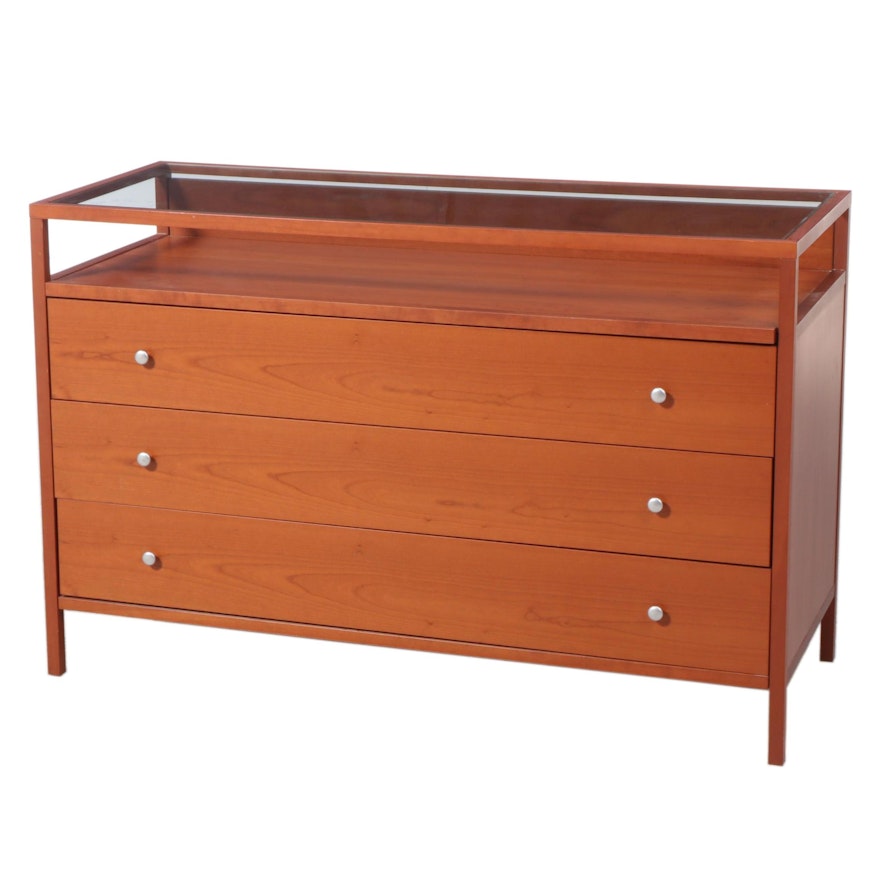Contemporary Cherrywood Chest of Drawers with Glass and Pull-Out Display Top
