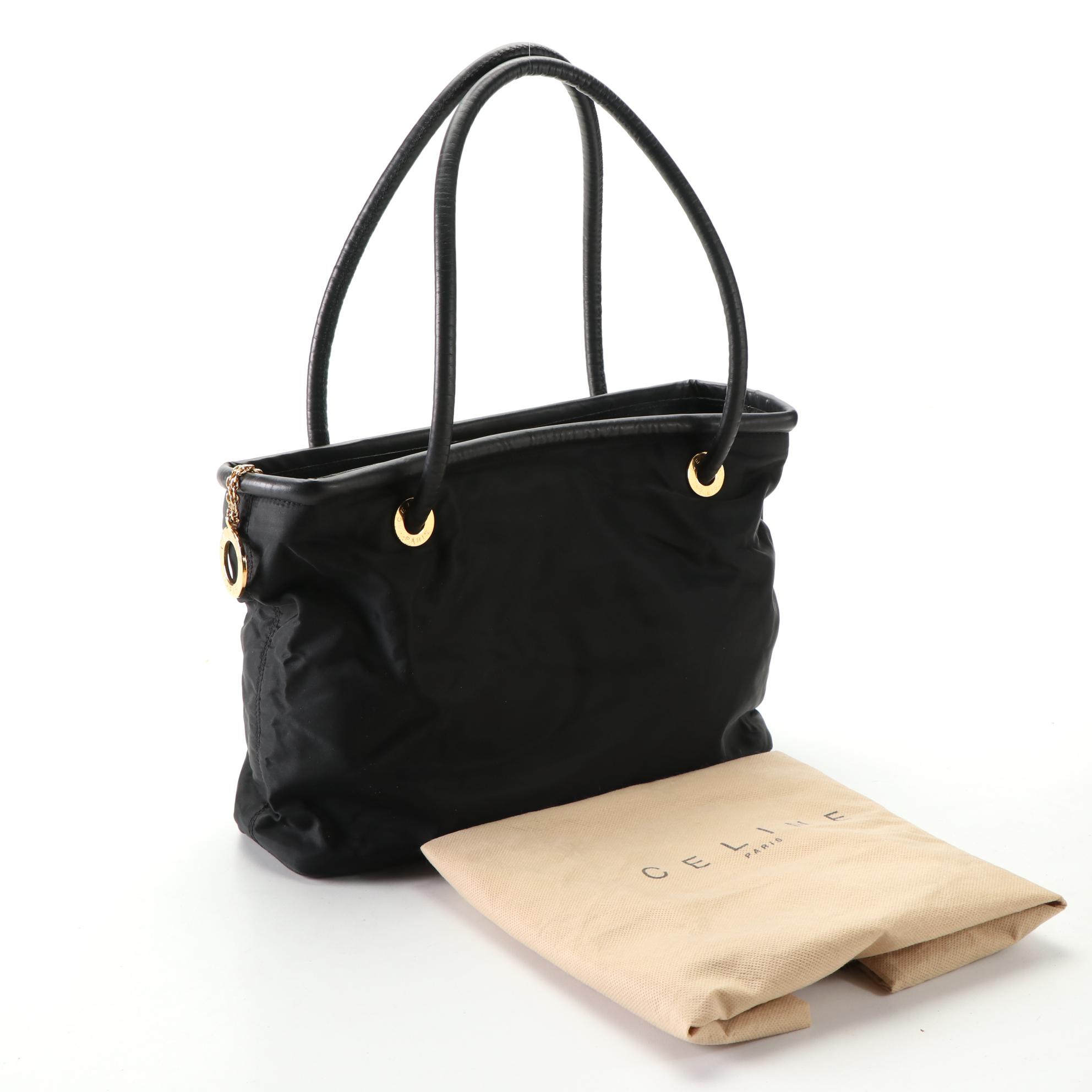 Celine Shoulder Tote Bag in Black Nylon with Leather Trim