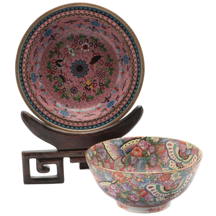 Chinese Cloisonné Shou Character Bowl with Thousand Flower Porcelain Bowl