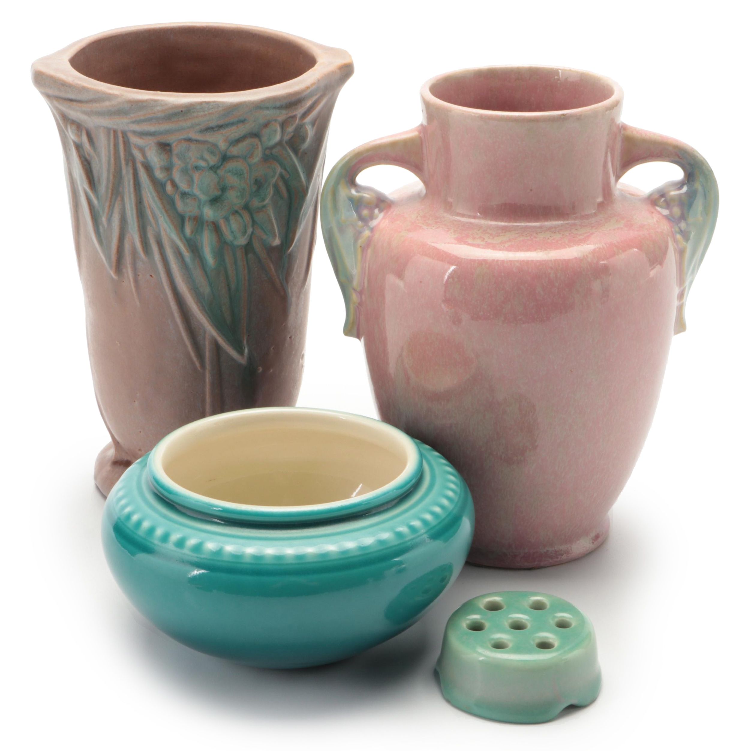 Rookwood Pottery Ceramic Bowl and Flower Frog With McCoy and Roseville Vases