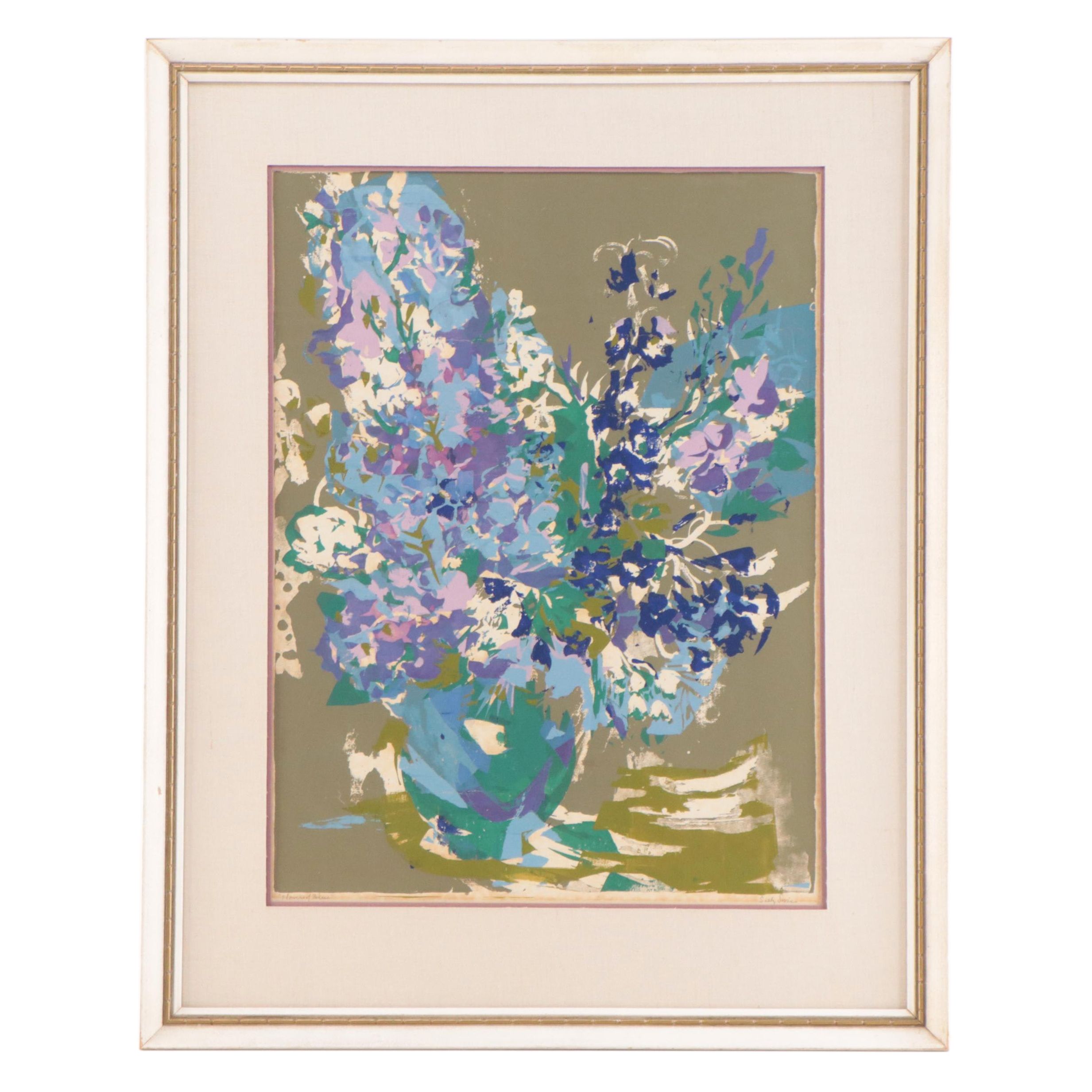 Sally Swiss Floral Still Life Serigraph "Flowers of Blue," 1972