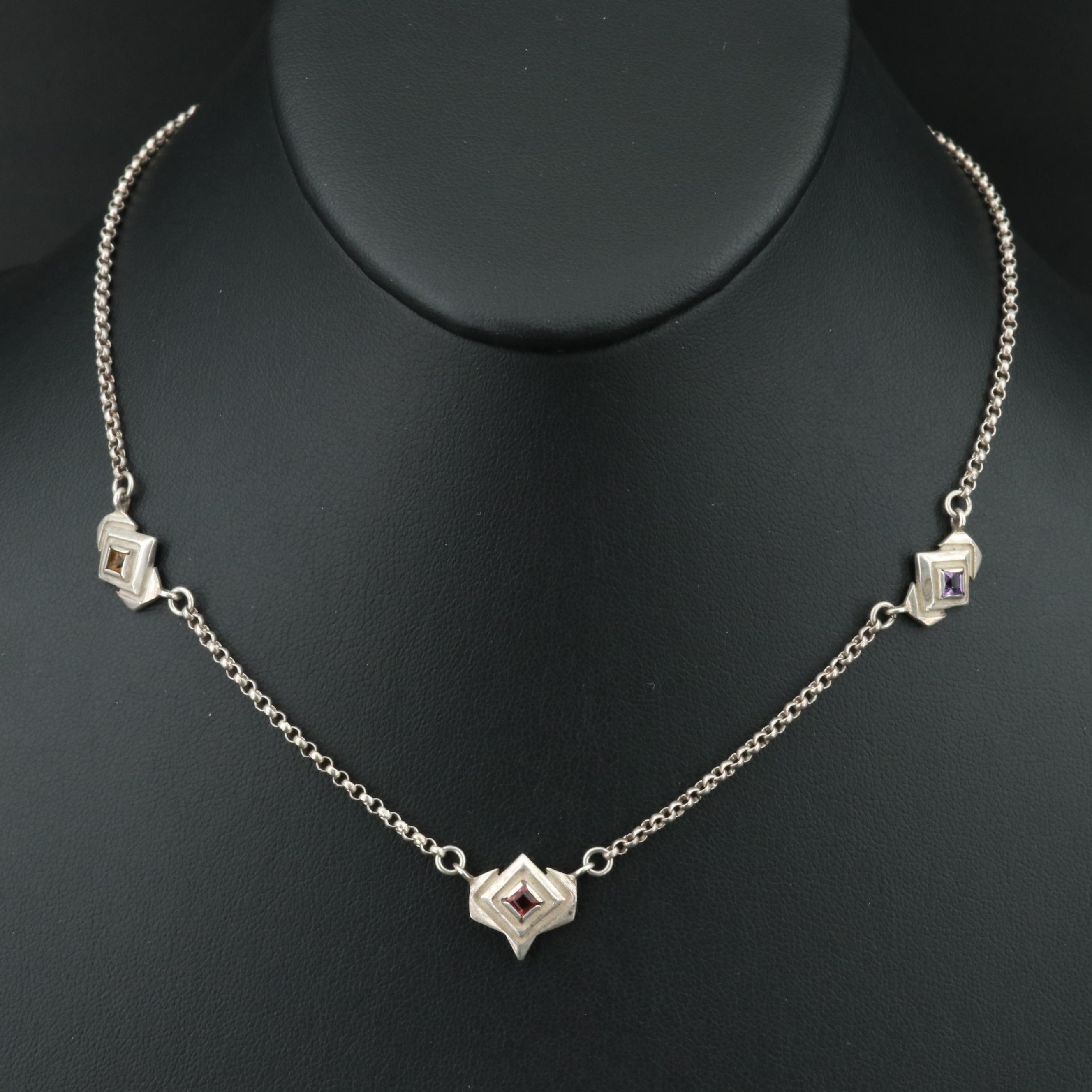 Sterling Garnet, Amethyst and Citrine Station Necklace