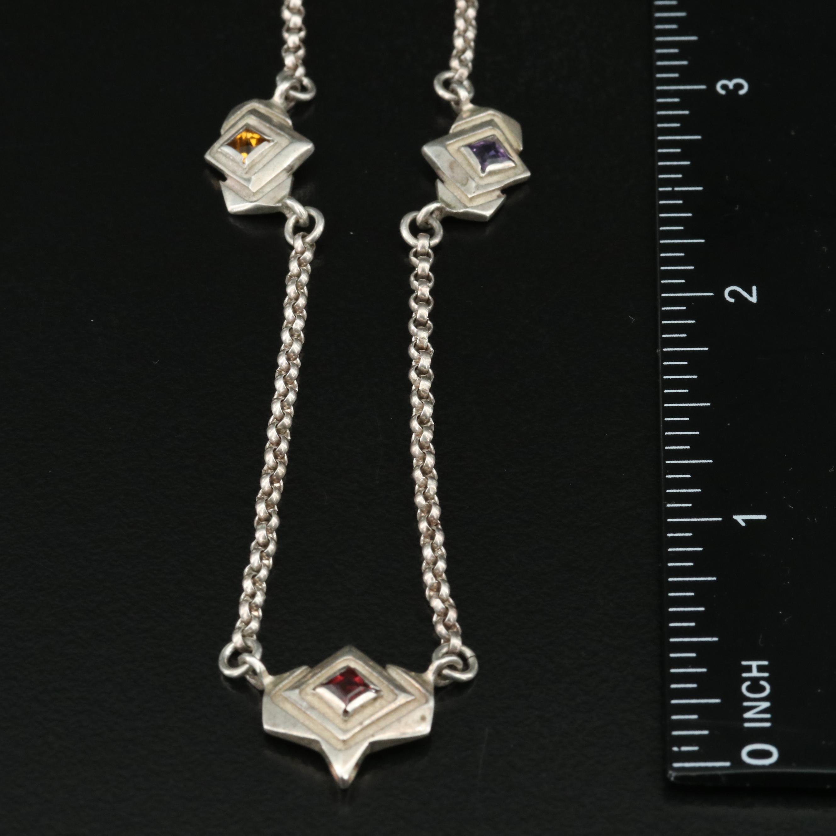 Sterling Garnet, Amethyst and Citrine Station Necklace
