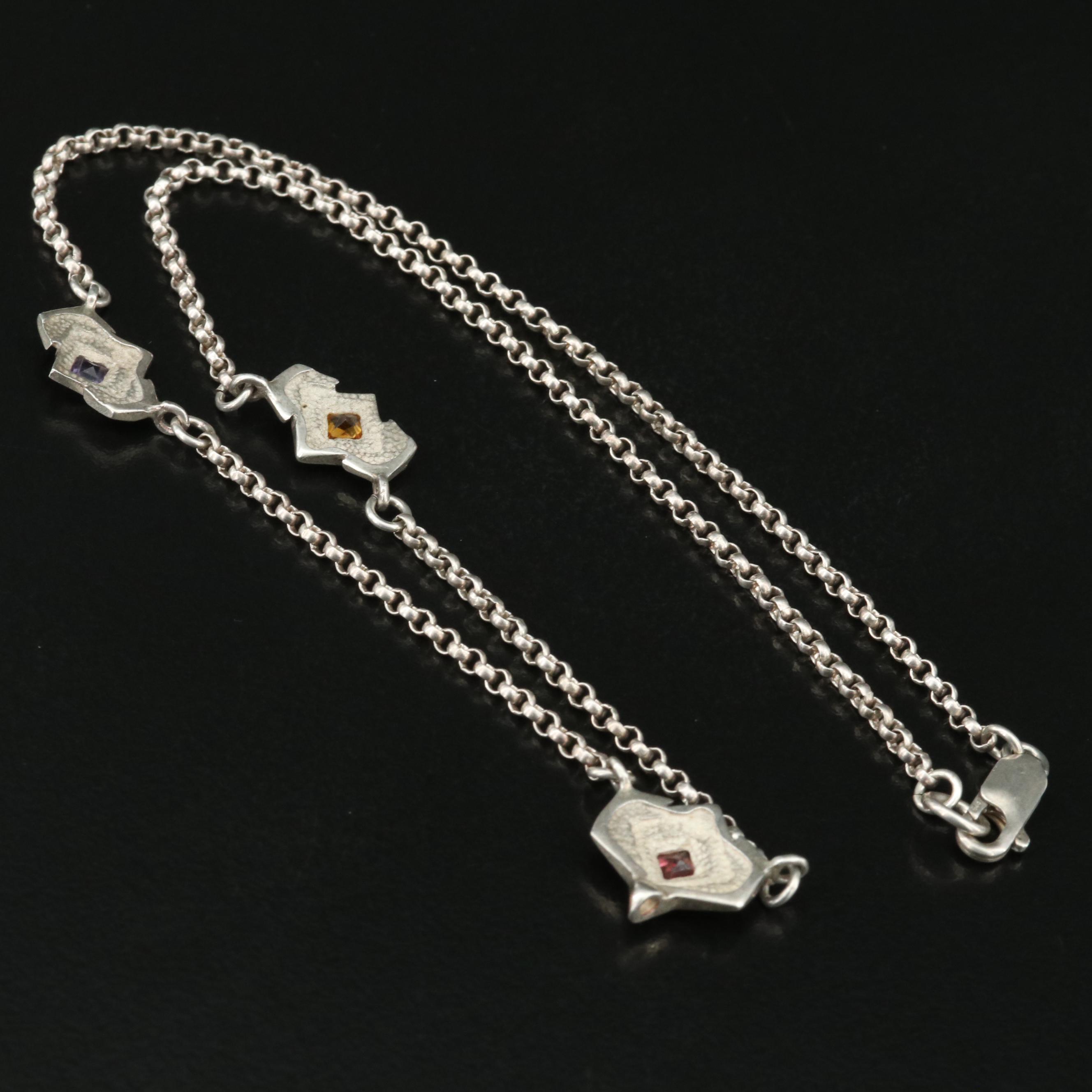 Sterling Garnet, Amethyst and Citrine Station Necklace