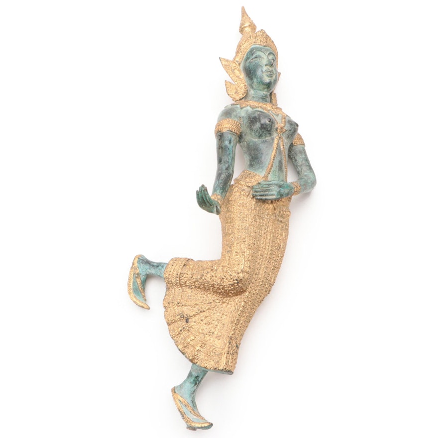 Thai Apsara Dancer Gilt and Patinated Bronze Figurine