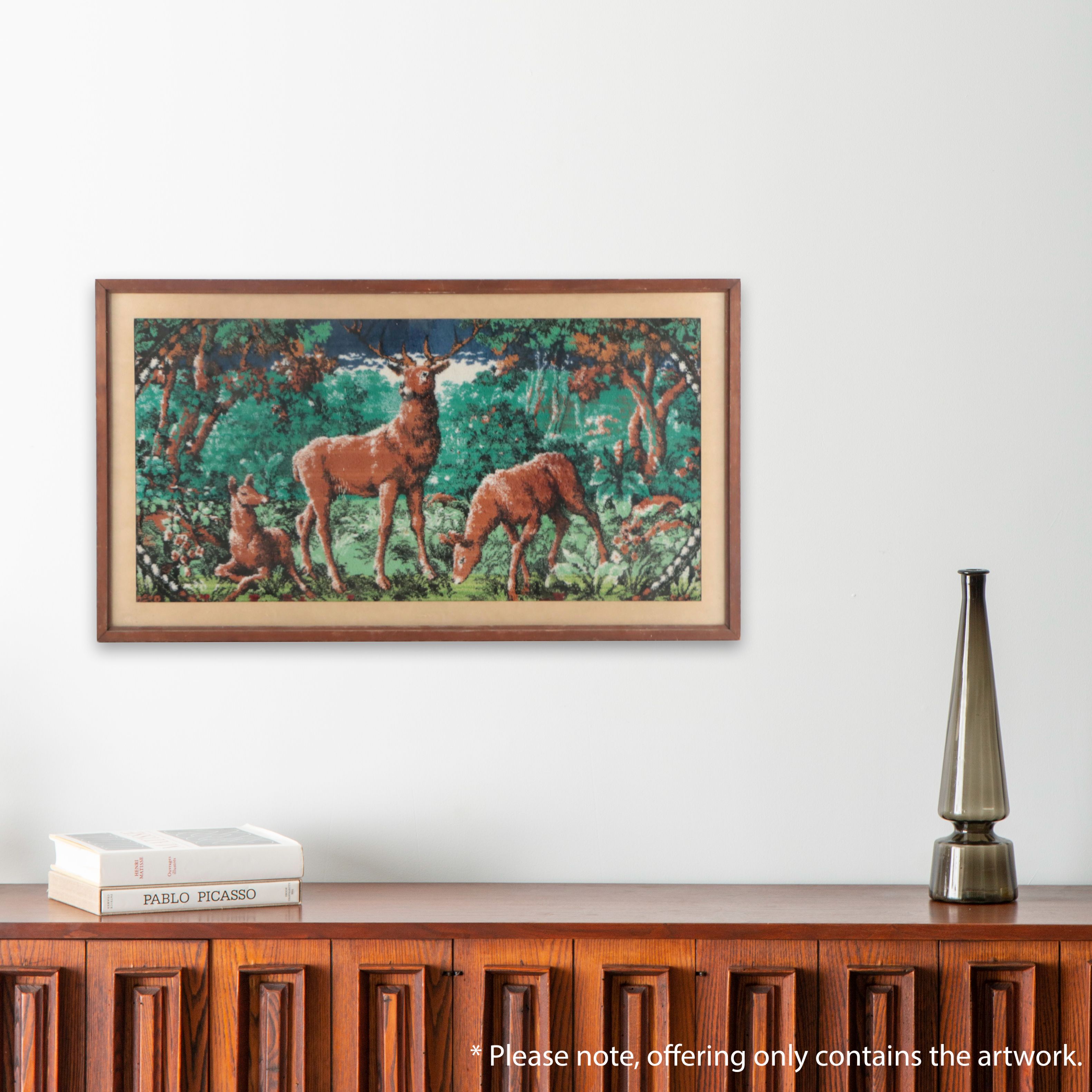 Framed Tufted Decorative Textile of Deer, Late 20th Century