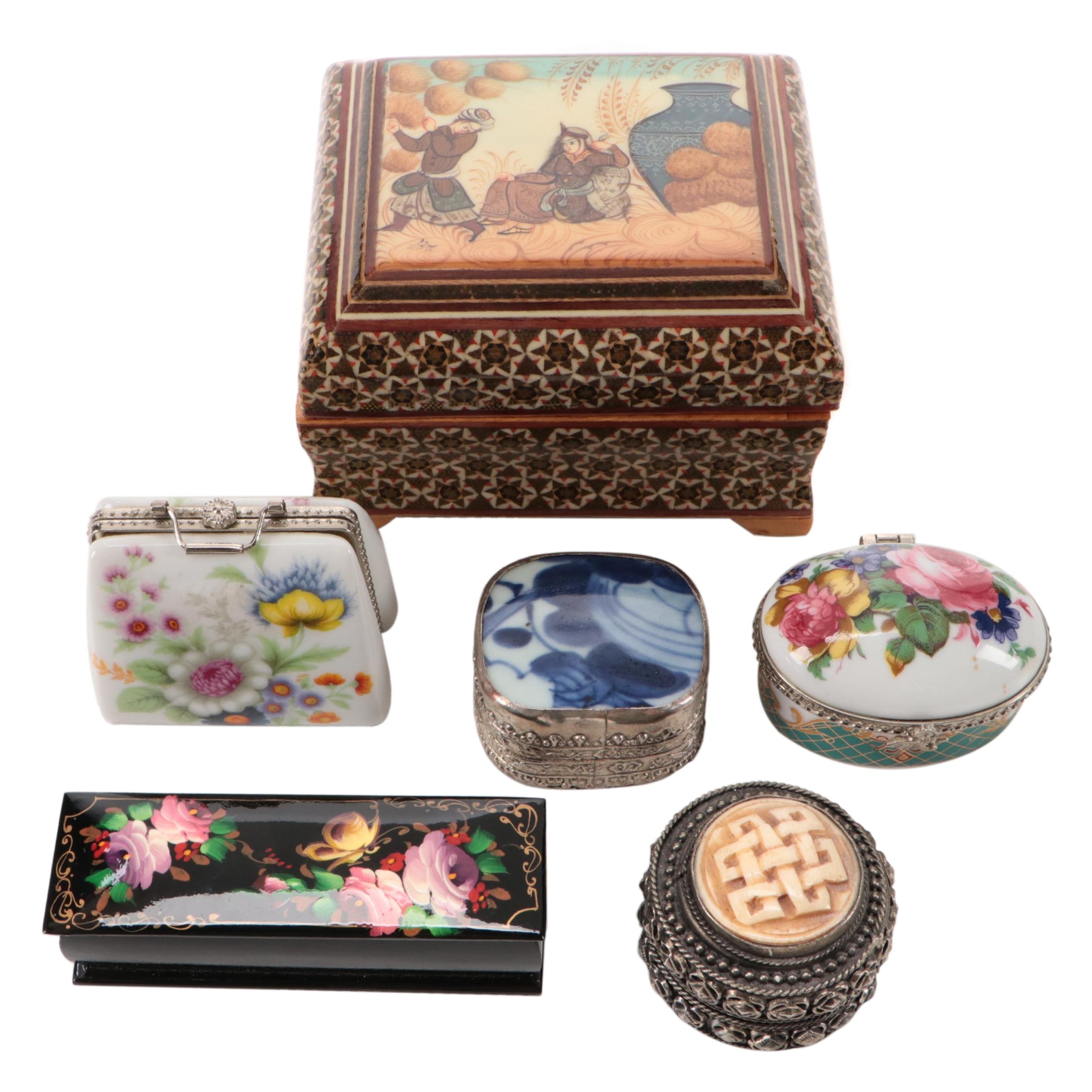 Persian Hand-Painted Khatam Marquetry Box and Other Trinket Boxes
