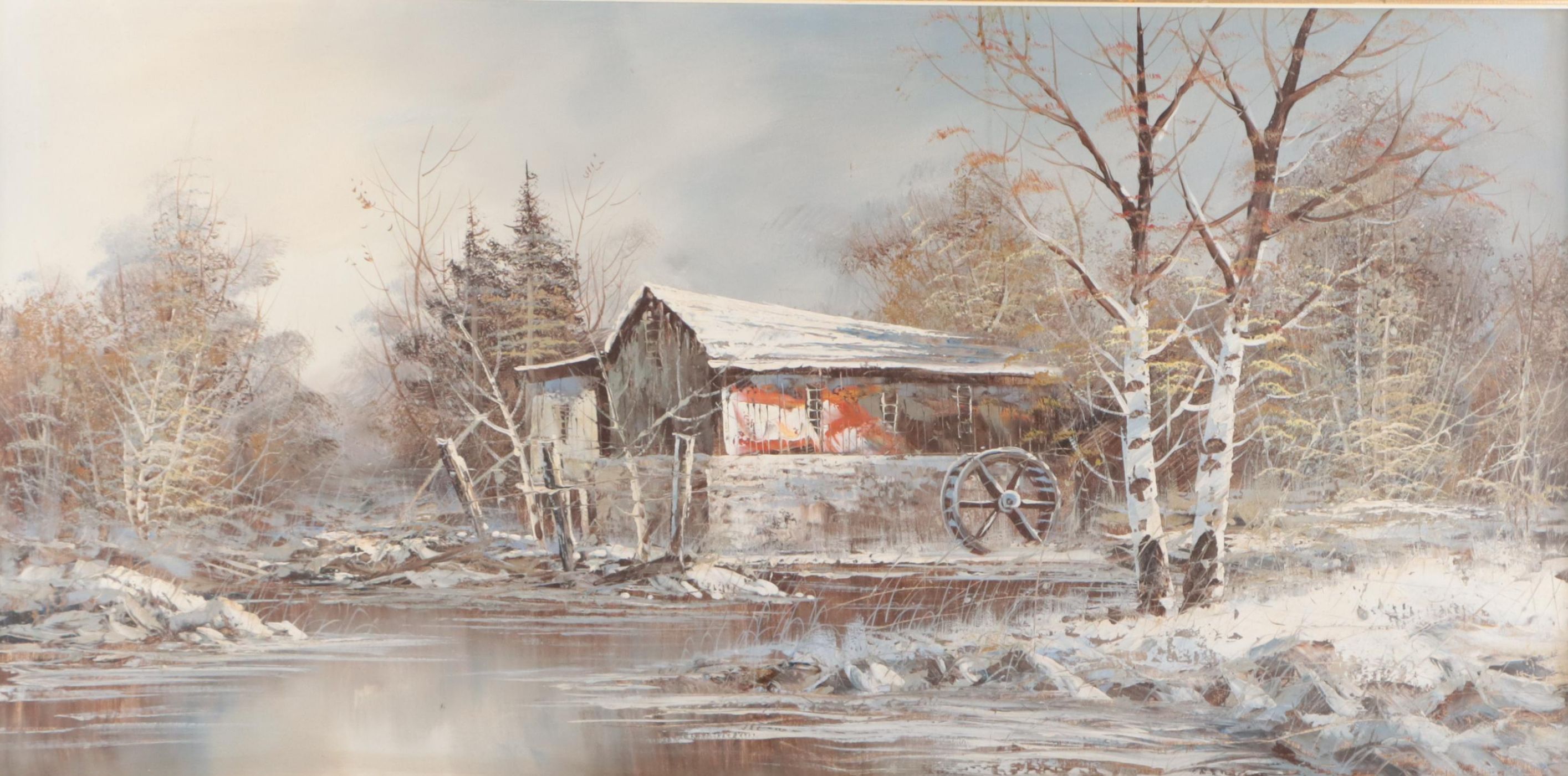 Oil Painting of Winter River Landscape