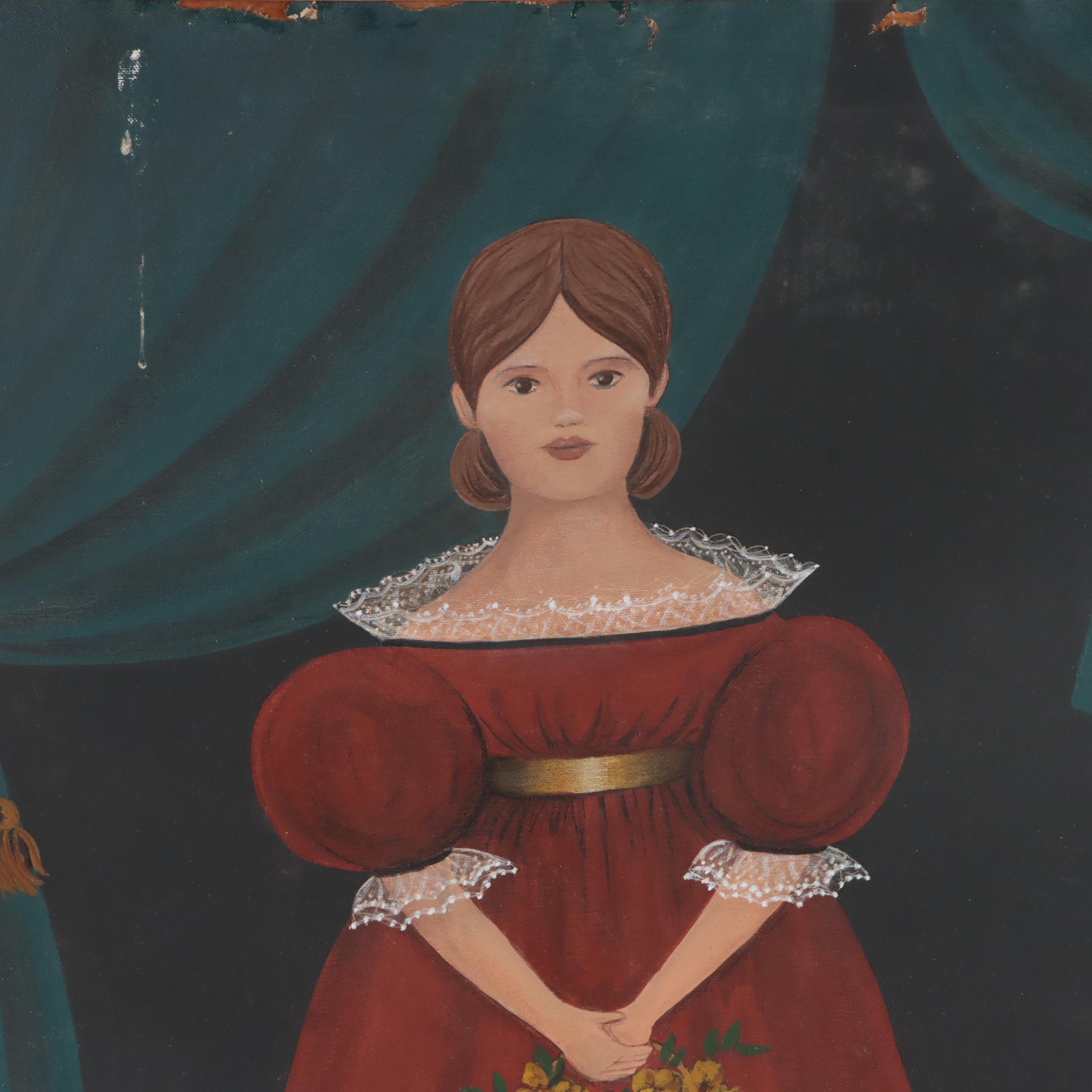 Folk Art Portrait Oil Painting of a Girl with a Flower Basket