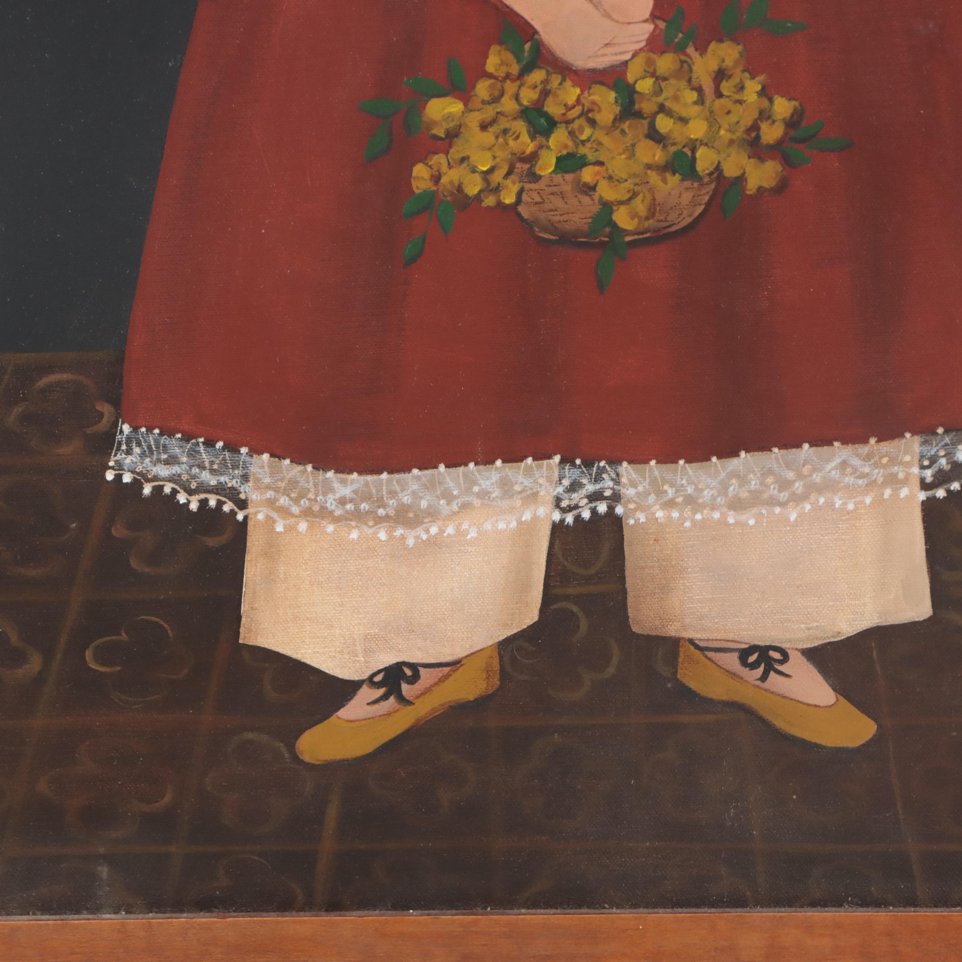Folk Art Portrait Oil Painting of a Girl with a Flower Basket