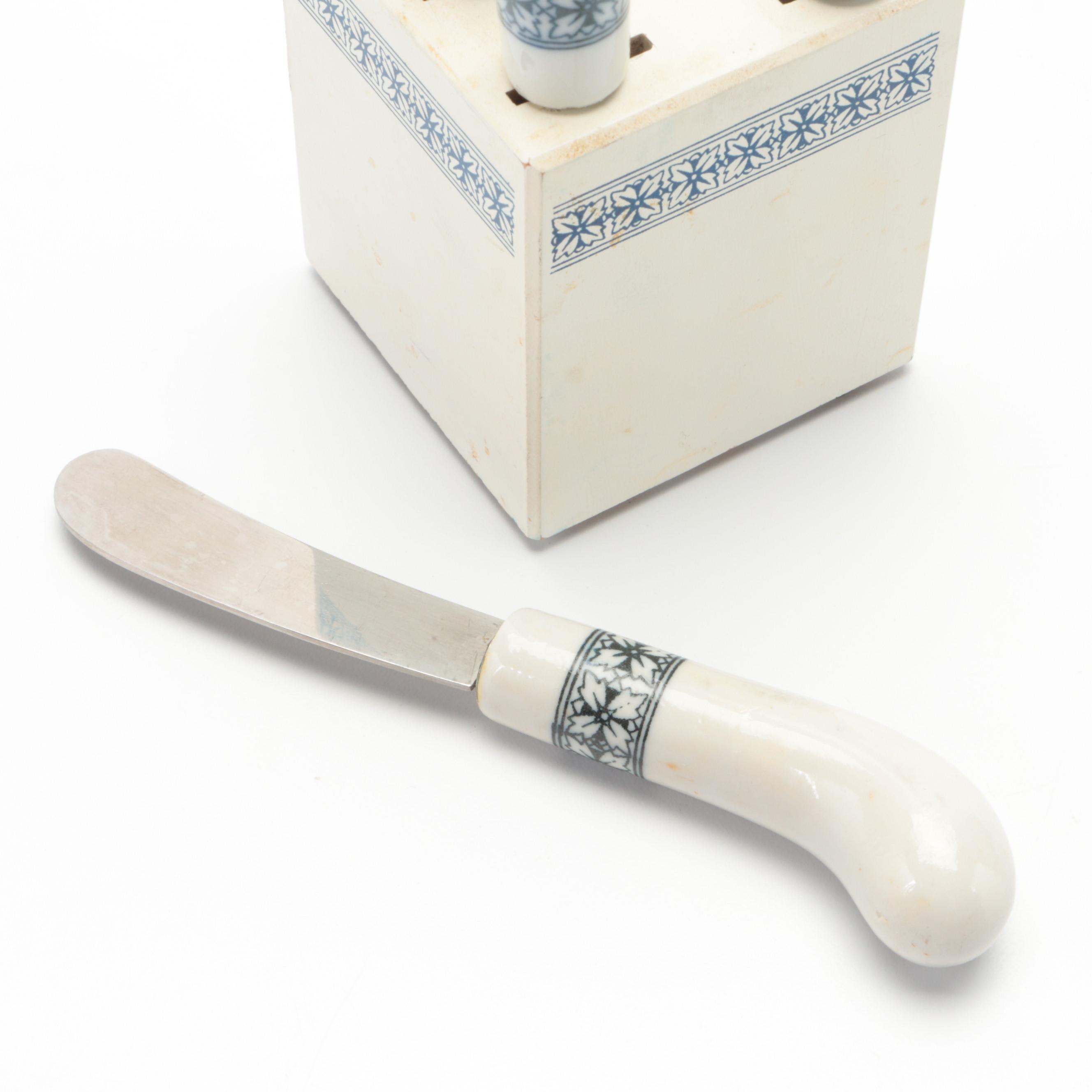 Hazel Atlas Blue Glass Ribbed Pitcher and Tableware with Ceramic Handled Knives