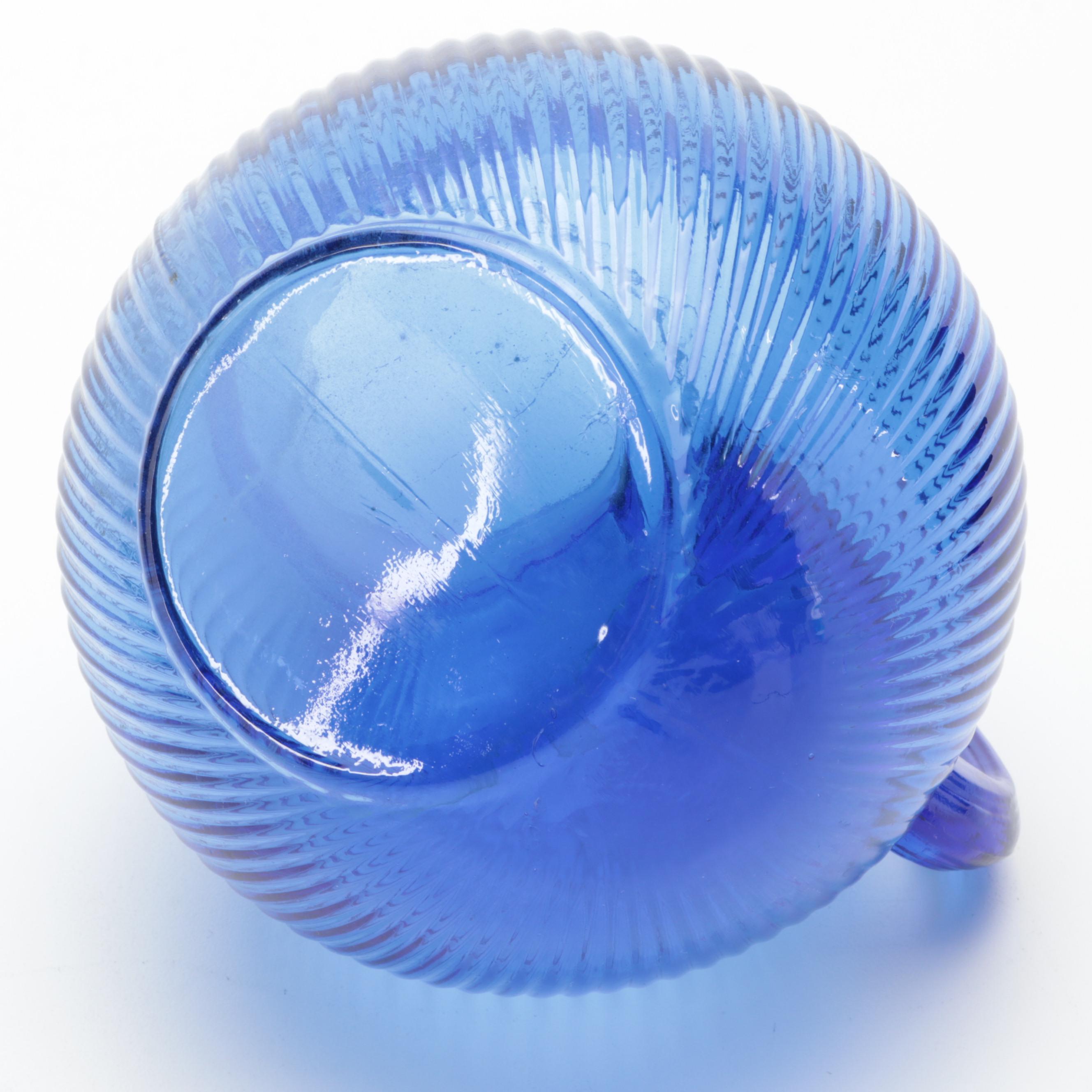 Hazel Atlas Blue Glass Ribbed Pitcher and Tableware with Ceramic Handled Knives