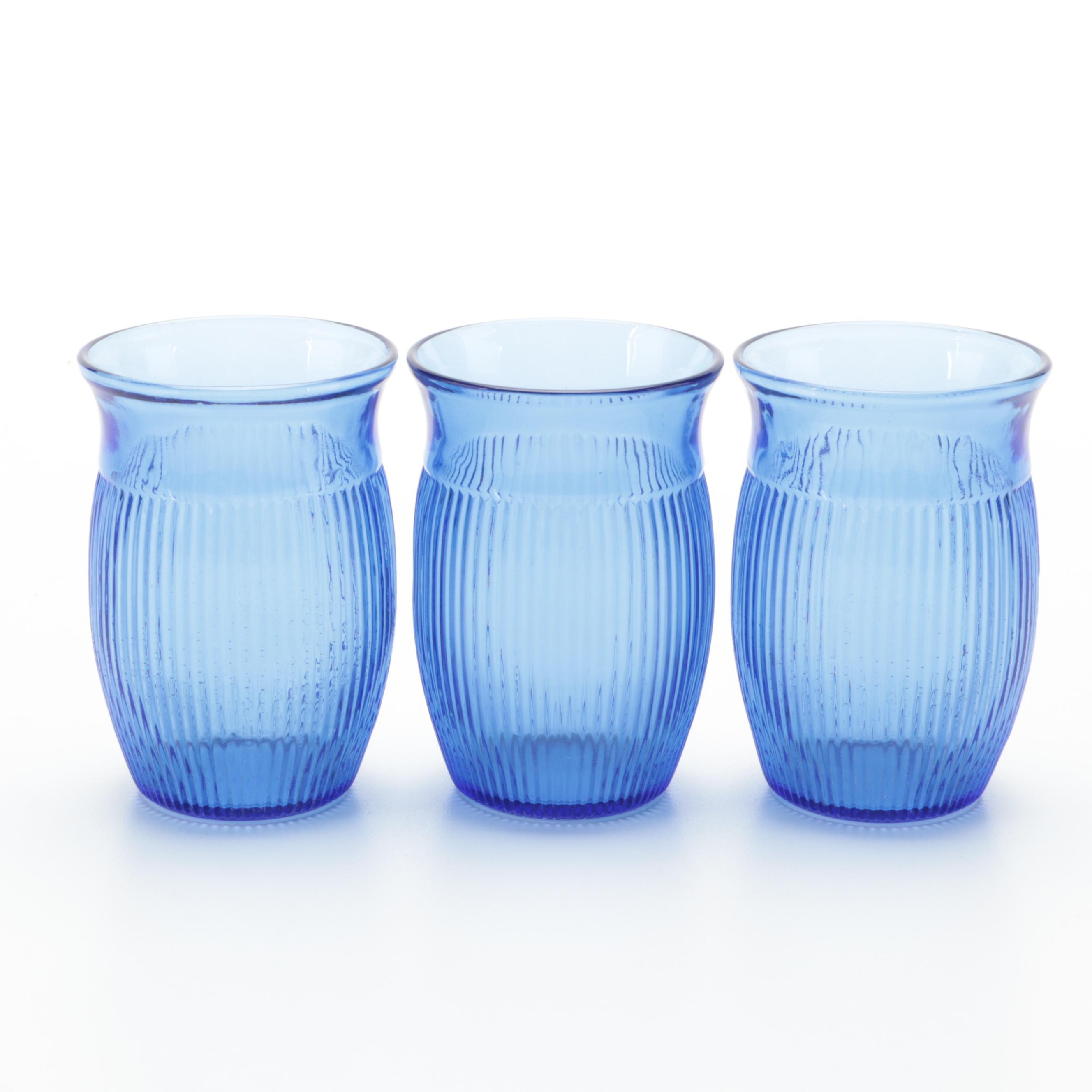 Hazel Atlas Blue Glass Ribbed Pitcher and Tableware with Ceramic Handled Knives