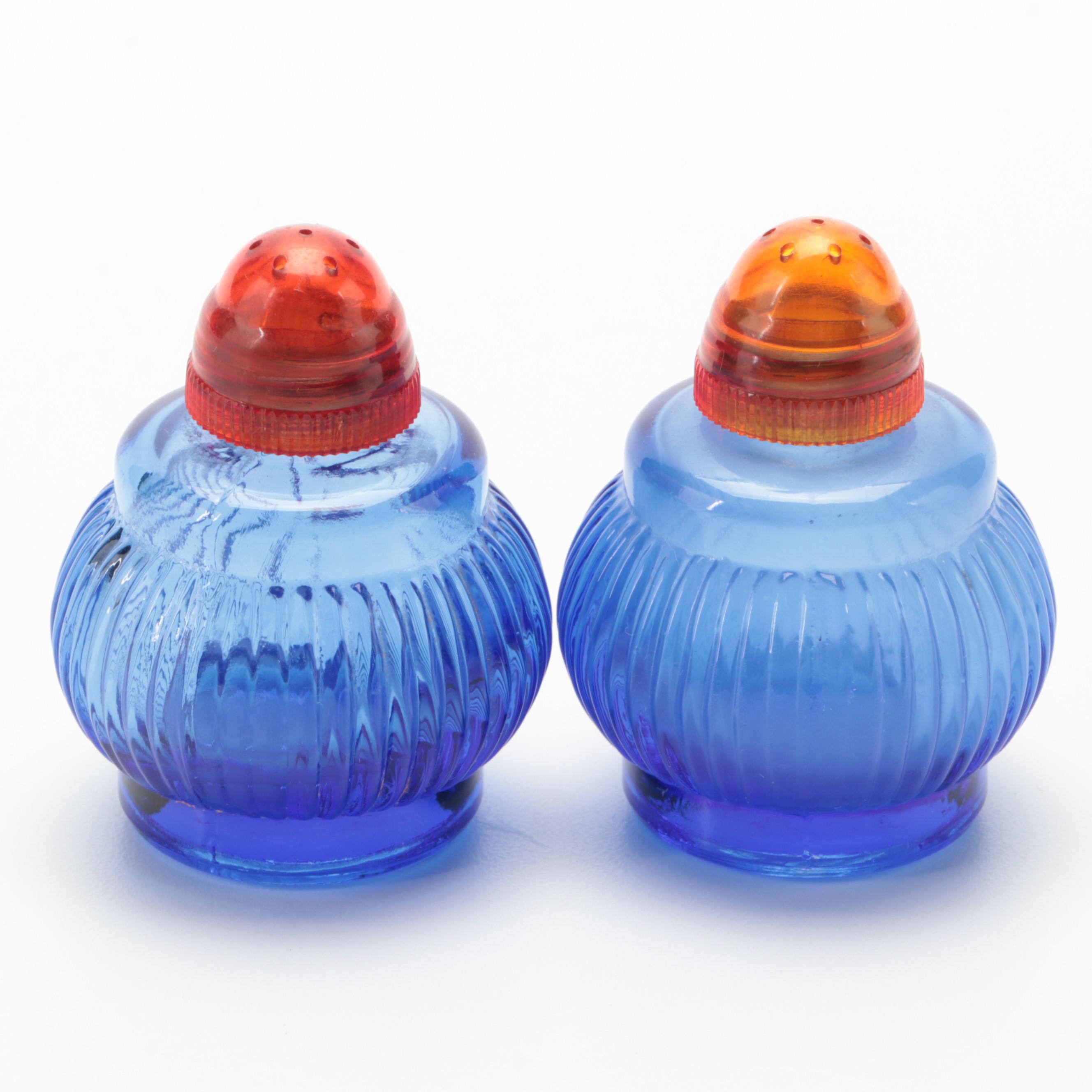 Hazel Atlas Blue Glass Ribbed Pitcher and Tableware with Ceramic Handled Knives