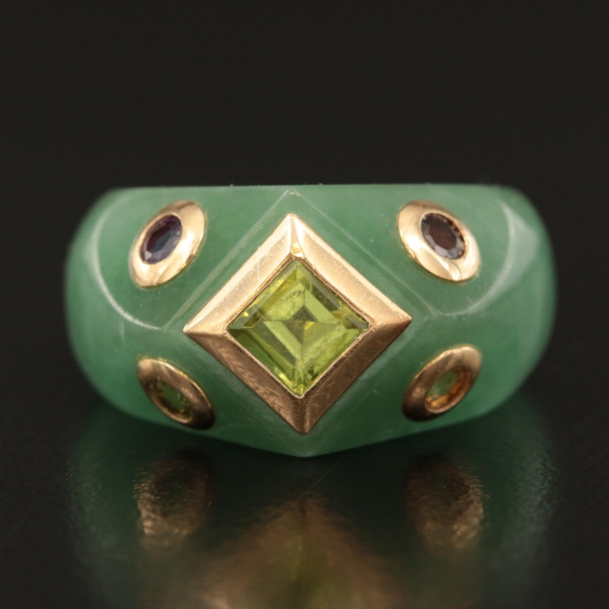 10K Jadeite Hololith Ring Including Peridot, Citrine, Garnet and Amethyst